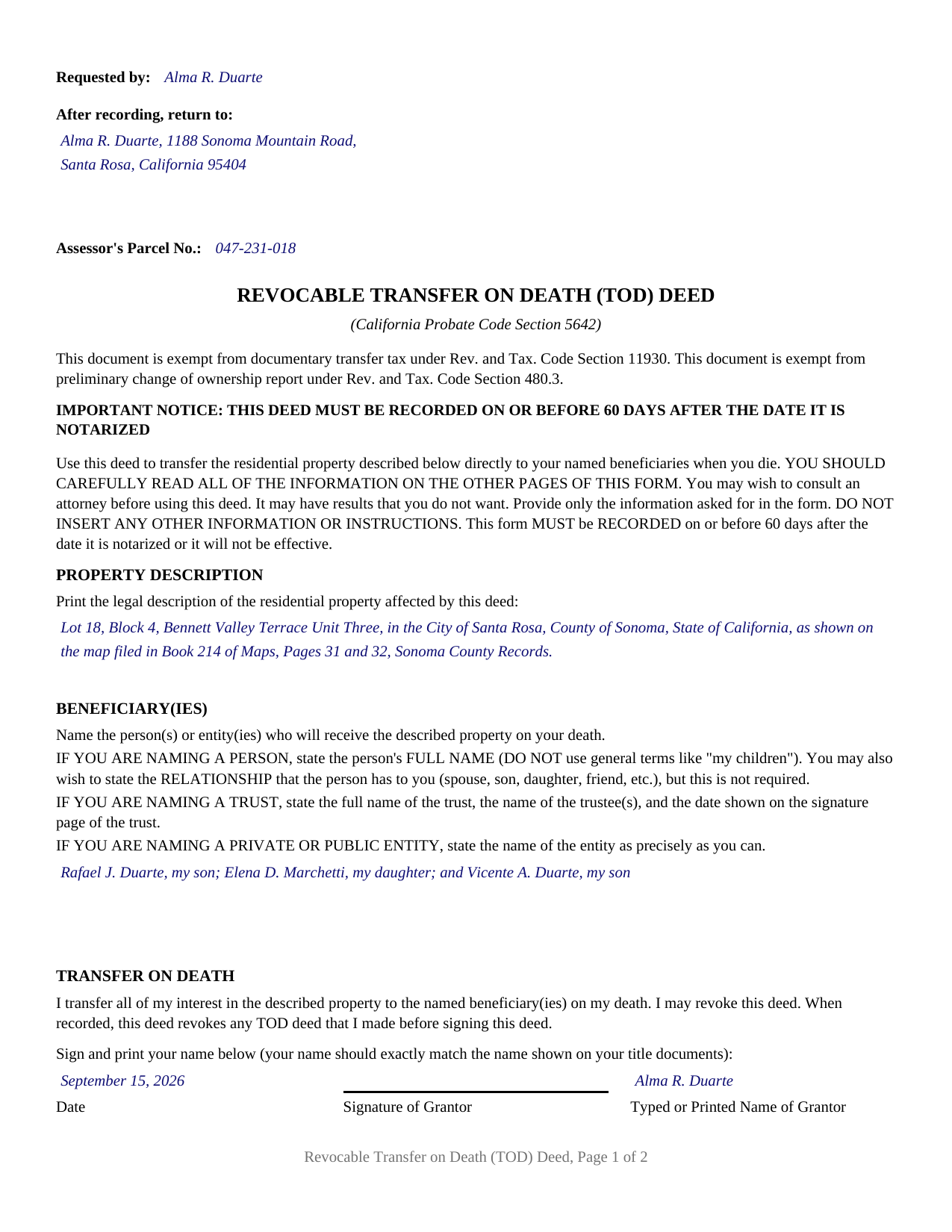 Sutter County Completed Example of the Revocable Transfer on Death Deed Document