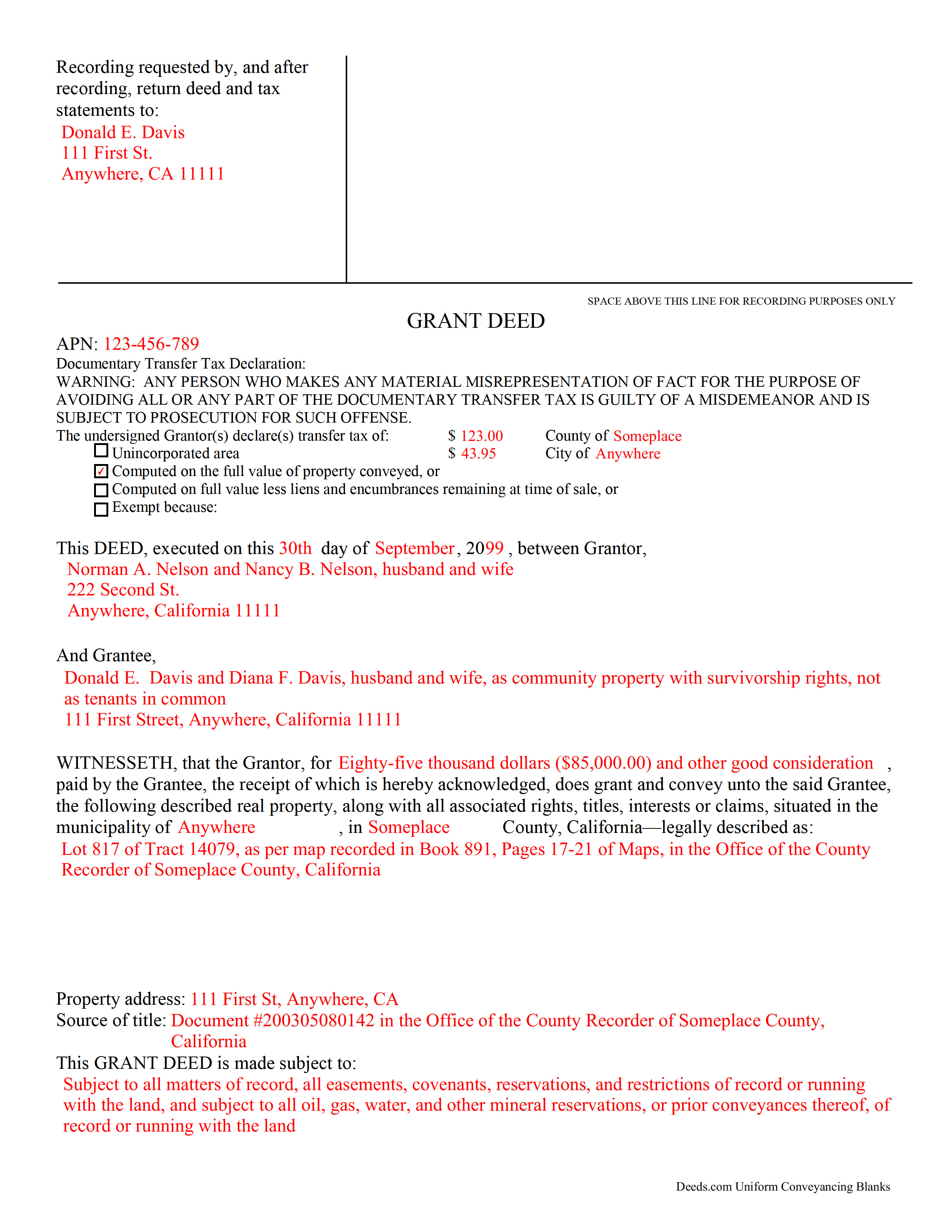 Completed Example of the Special Warranty Deed Document