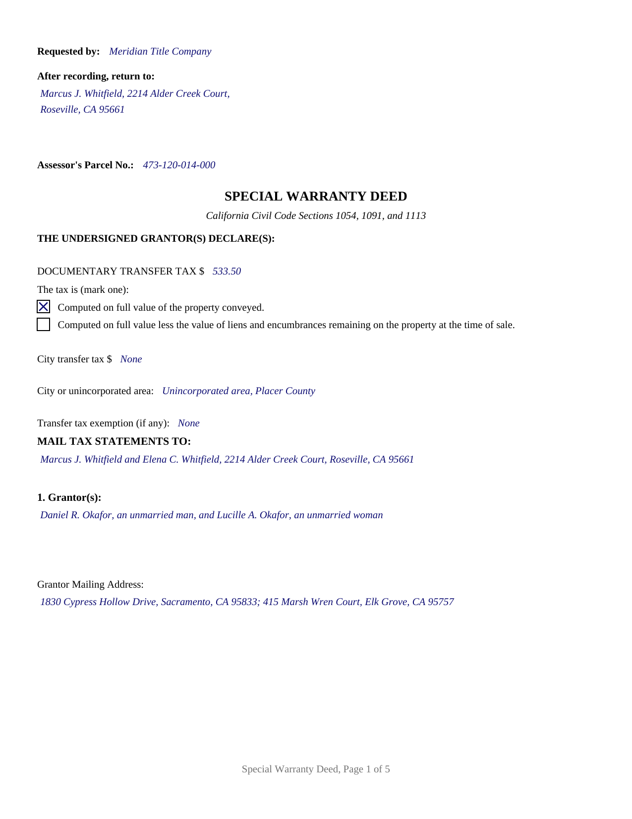 Yolo County Completed Example of the Special Warranty Deed Document