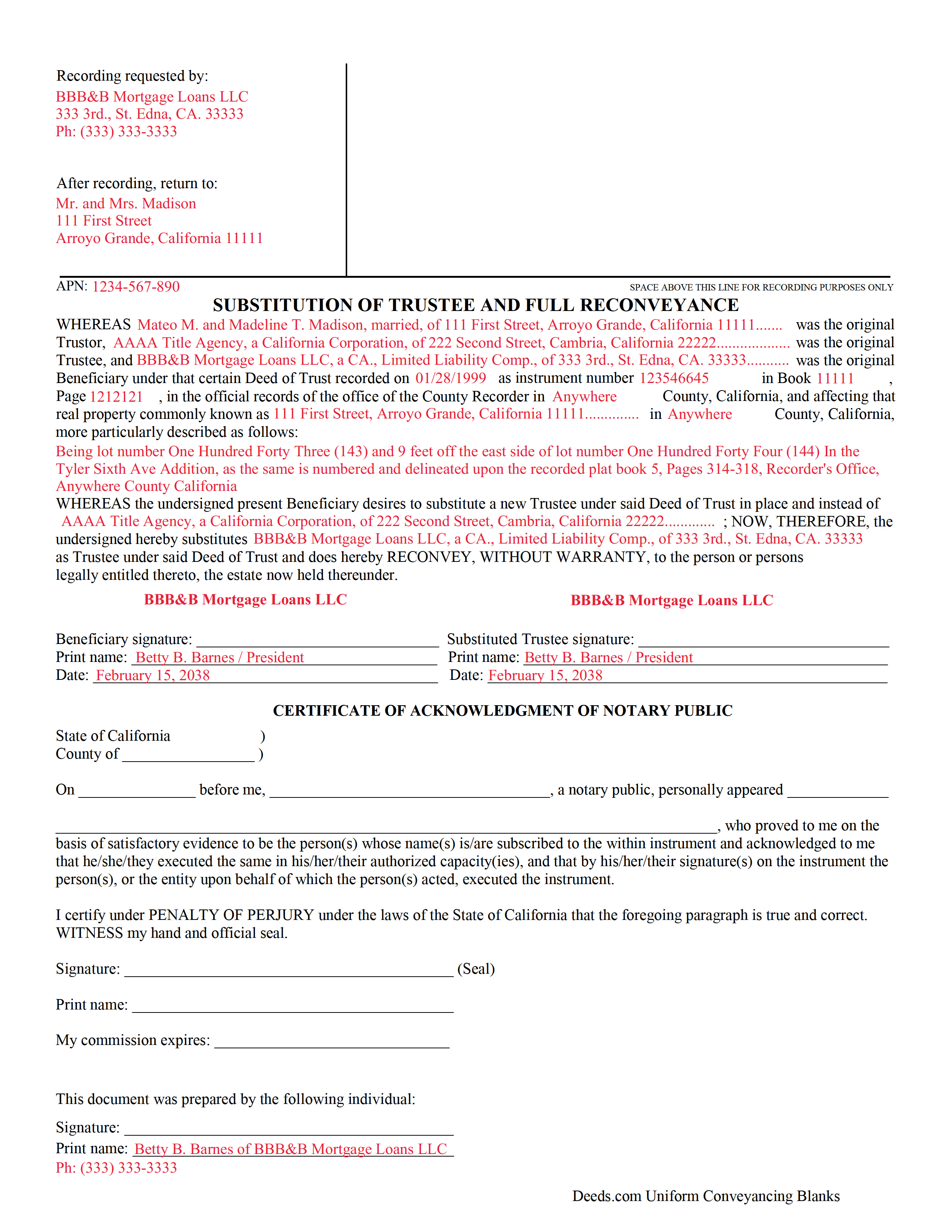 Completed Example of the Substitution of Trustee and Full Reconveyance Document