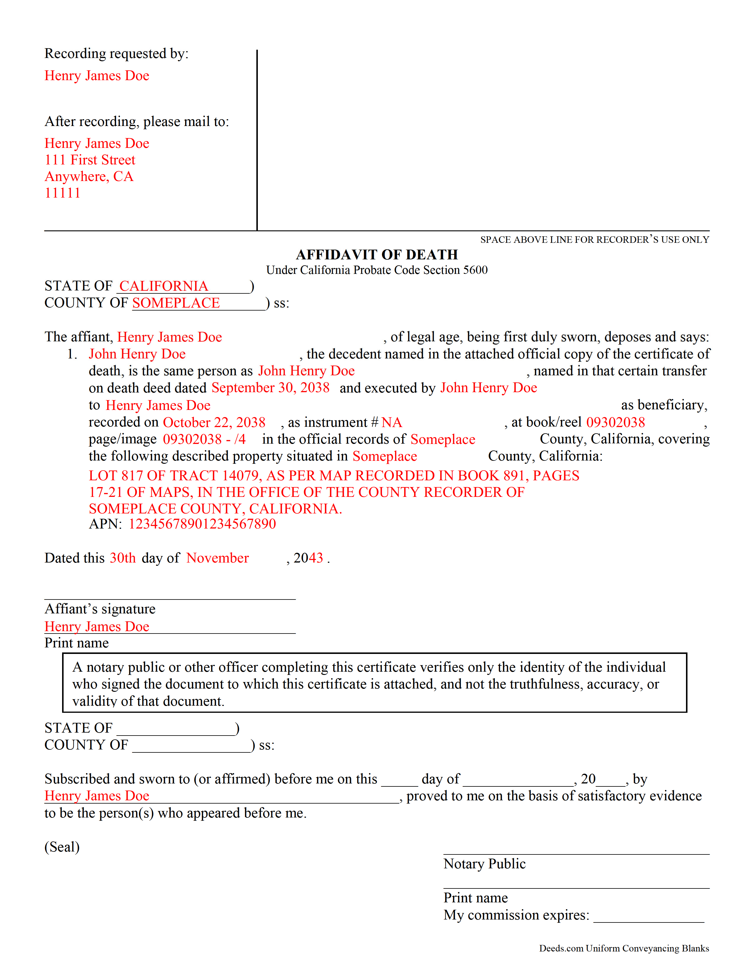 Completed Example of the Transfer on Death Affidavit Document