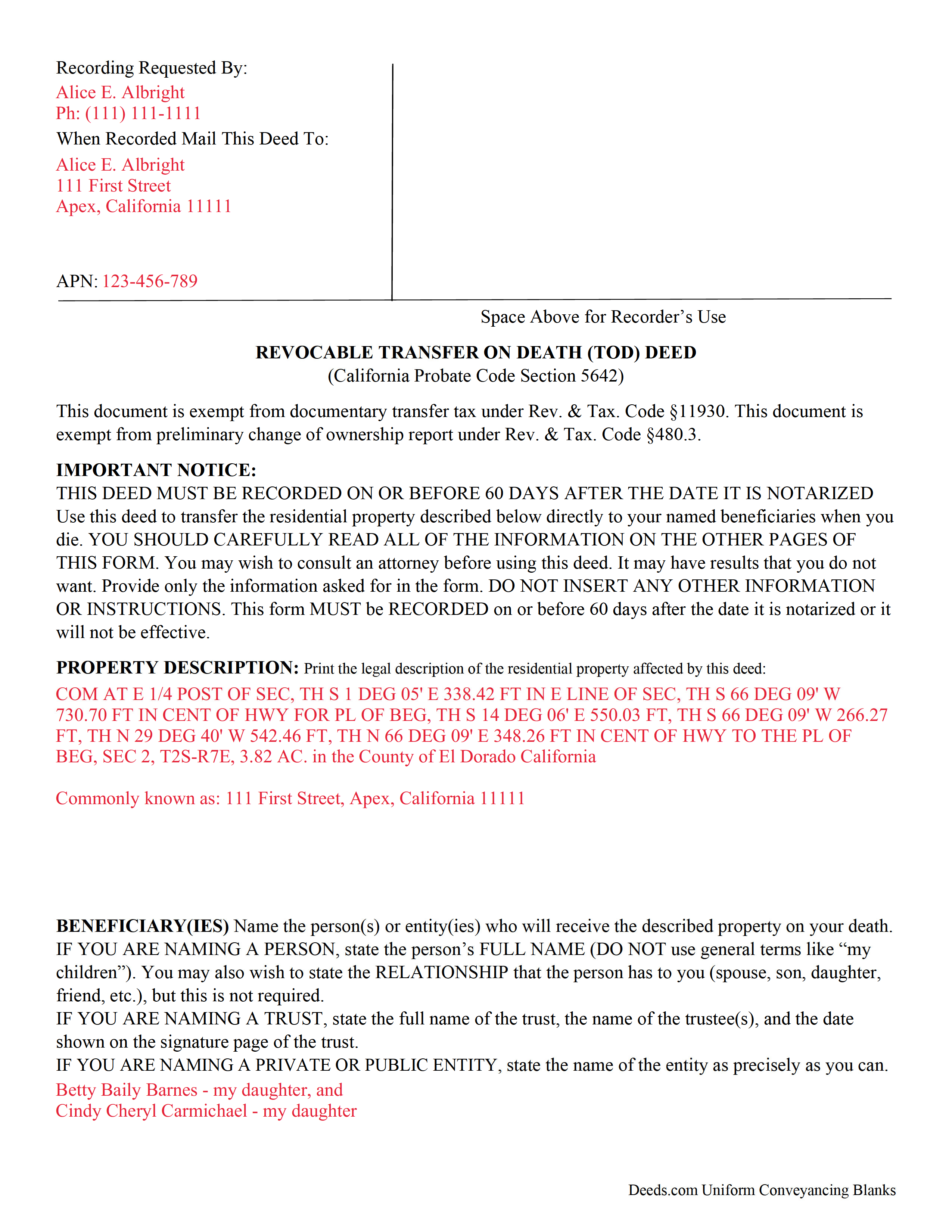 Completed Example of the Transfer on Death Deed Document