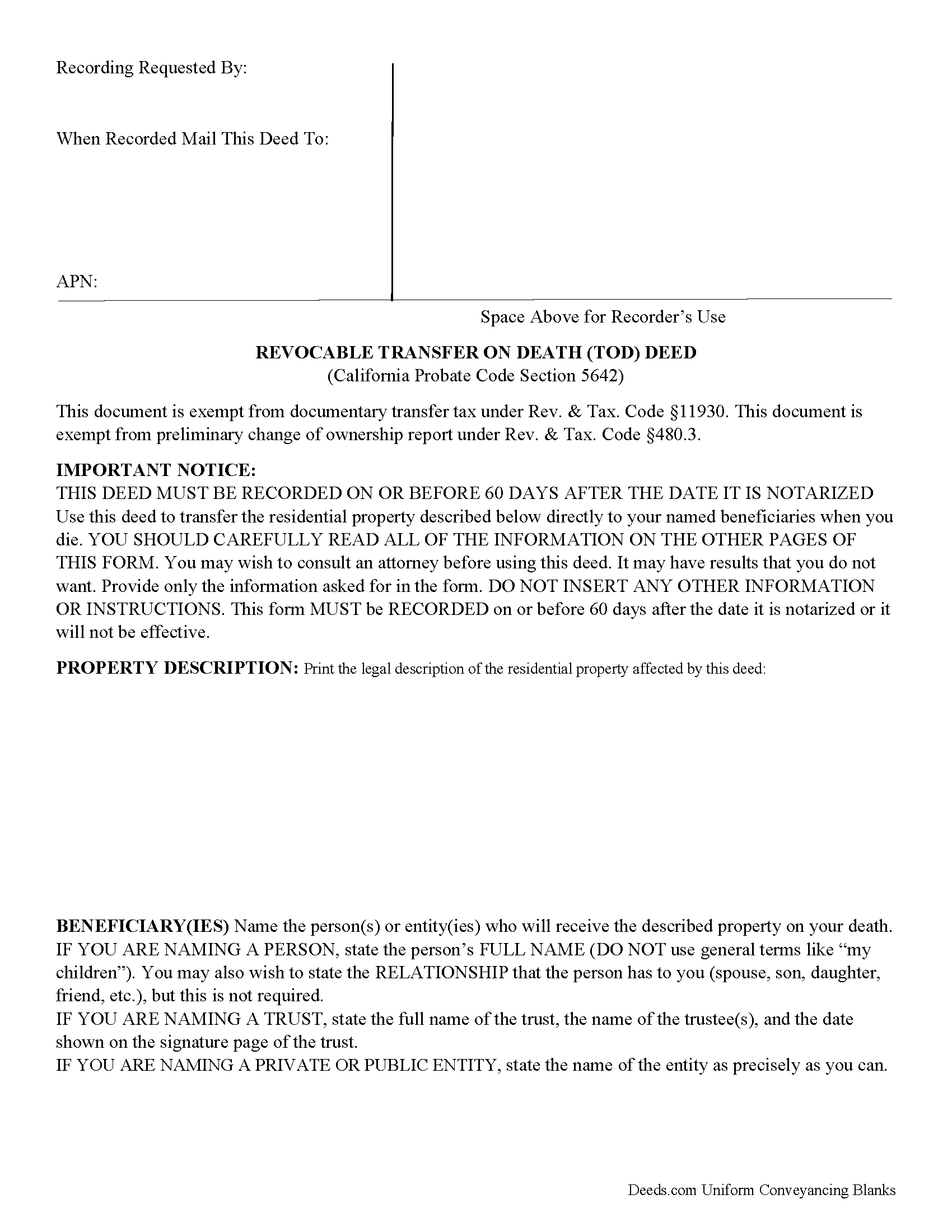 San Mateo County Transfer on Death Deed Form | California | Deeds.com