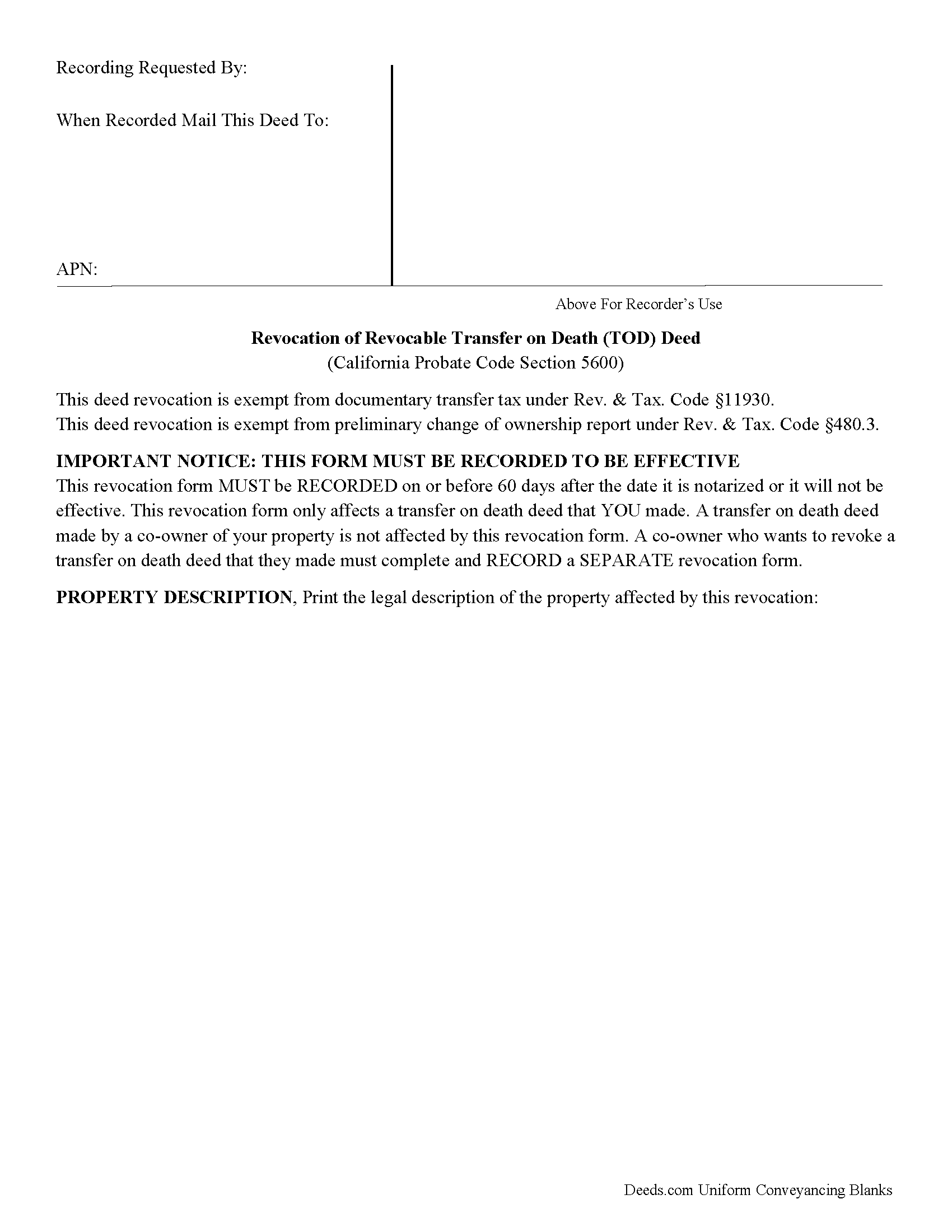 Yolo County Revocation of Transfer on Death Deed Form