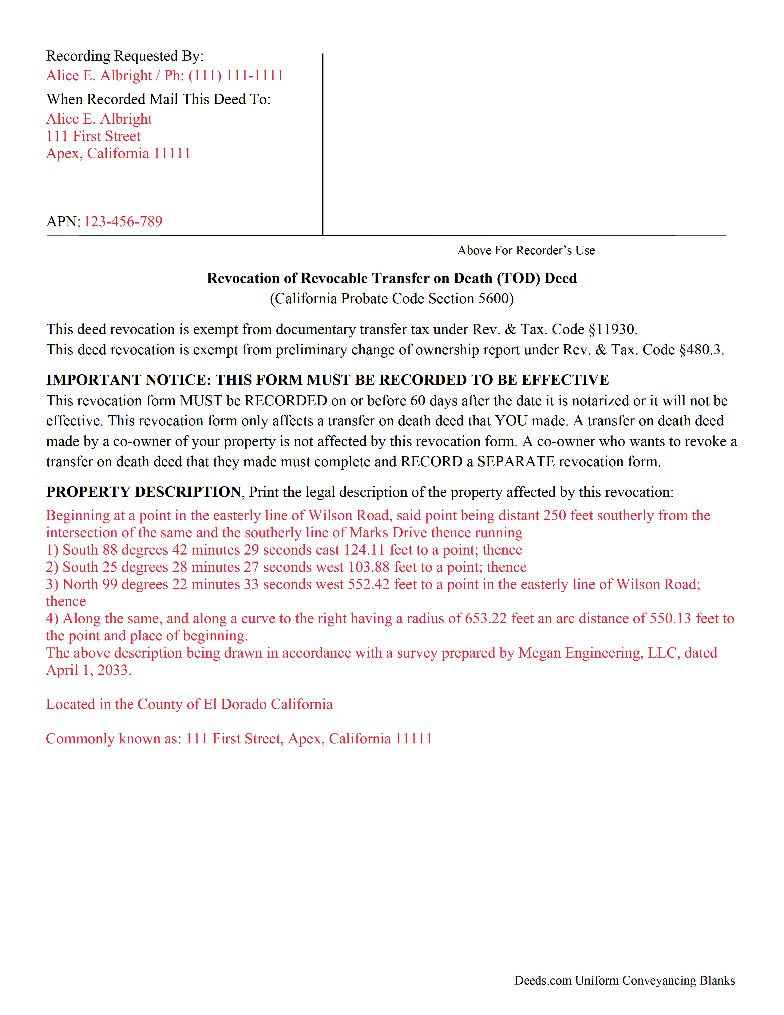 Completed Example of the Revocation of Transfer on Death Deed Document