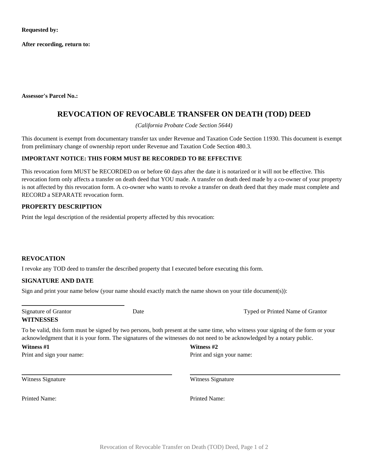 San Bernardino County Transfer on Death Revocation Form