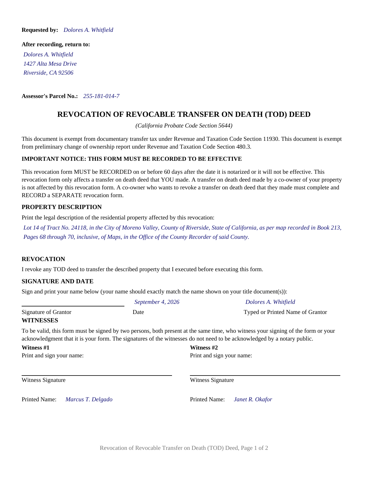 San Bernardino County Completed Example of the Transfer on Death Revocation Document