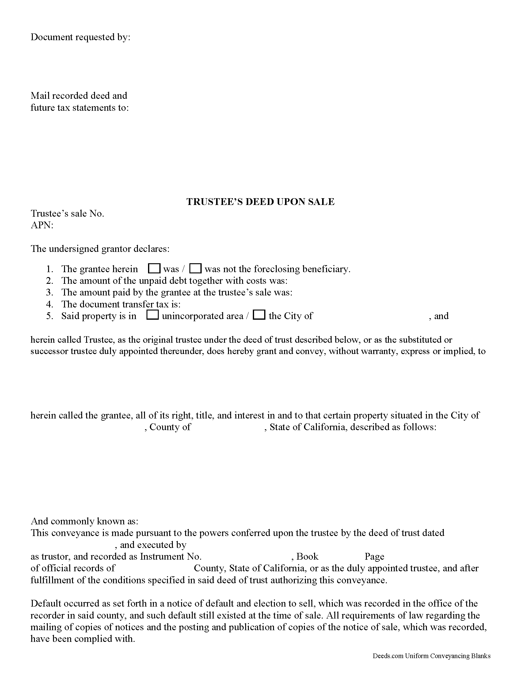 Santa Barbara County Trustee Deed Upon Sale Form