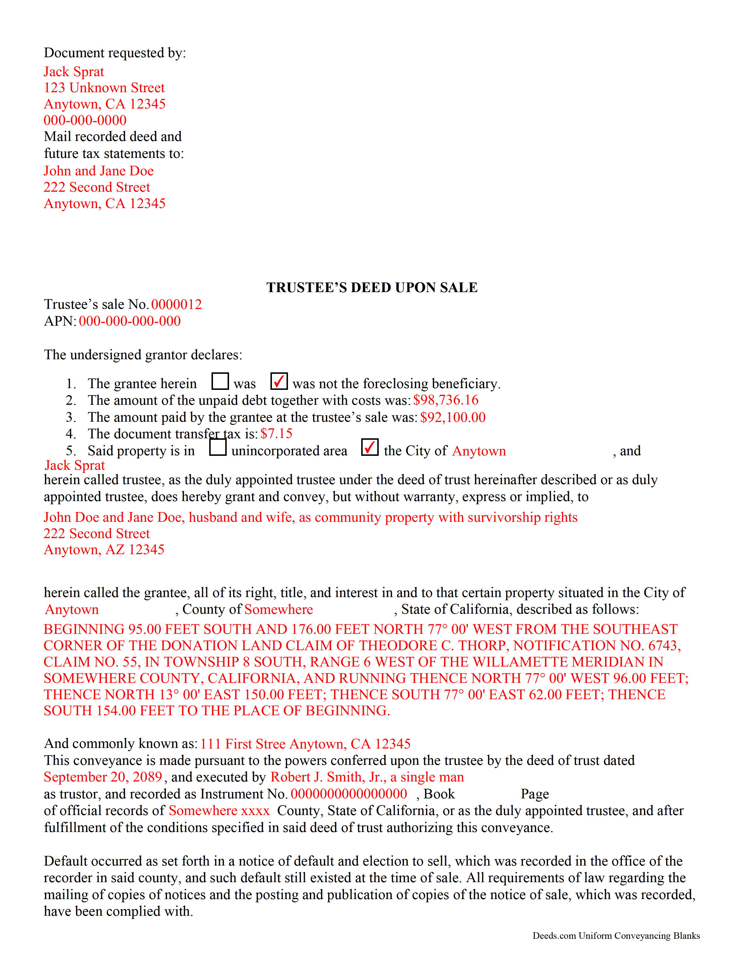 Santa Barbara County Completed Example of the Trustee Deed Upon Sale Document