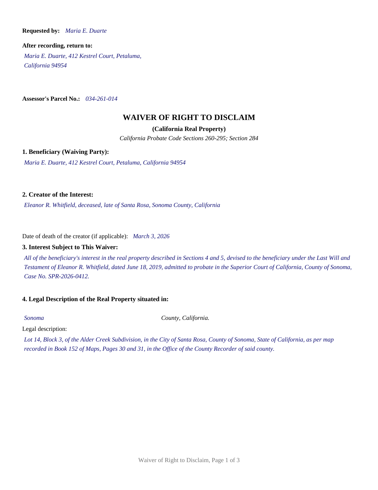 Sutter County Completed Example of the Waiver of Right to Disclaim Document