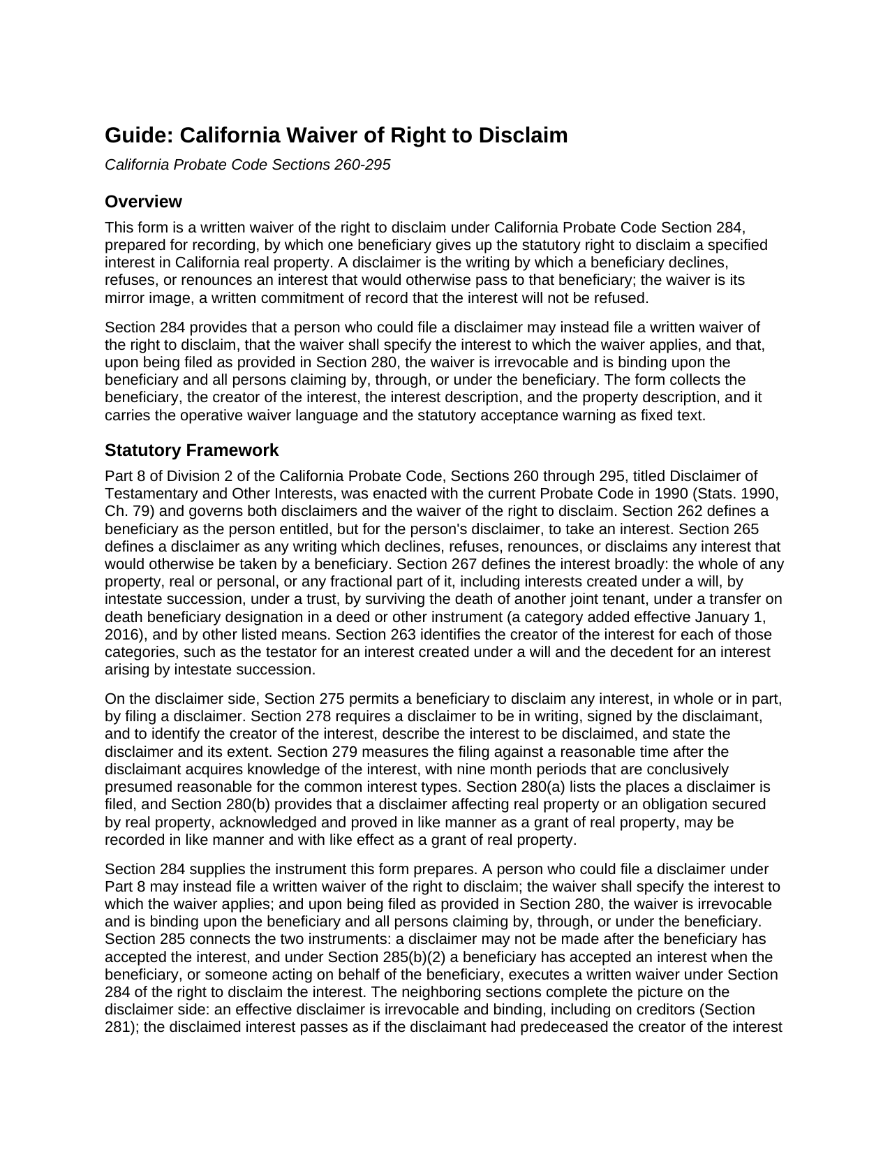 Sutter County Waiver of Right to Disclaim Guide