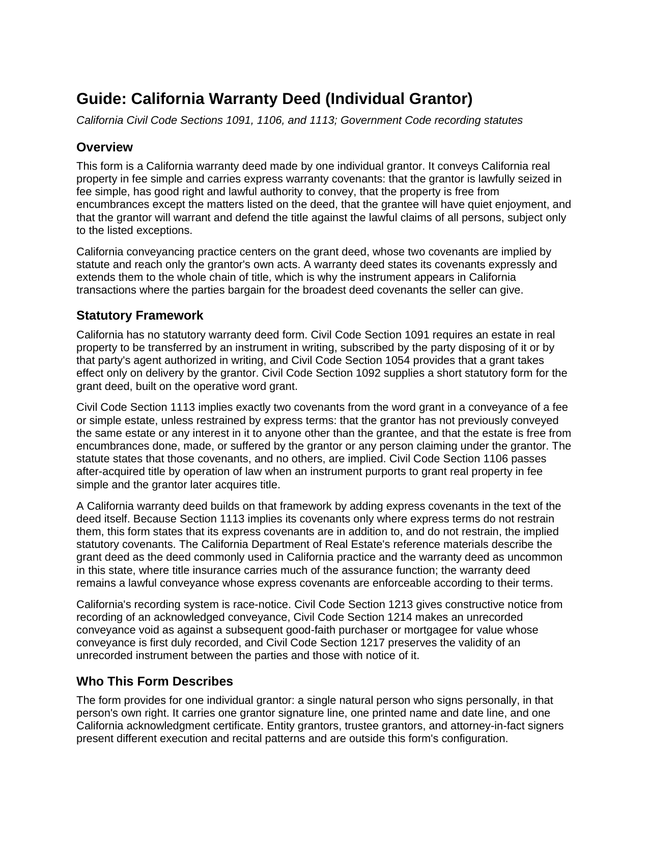 Del Norte County Warranty Deed (Individual Grantor) Guide