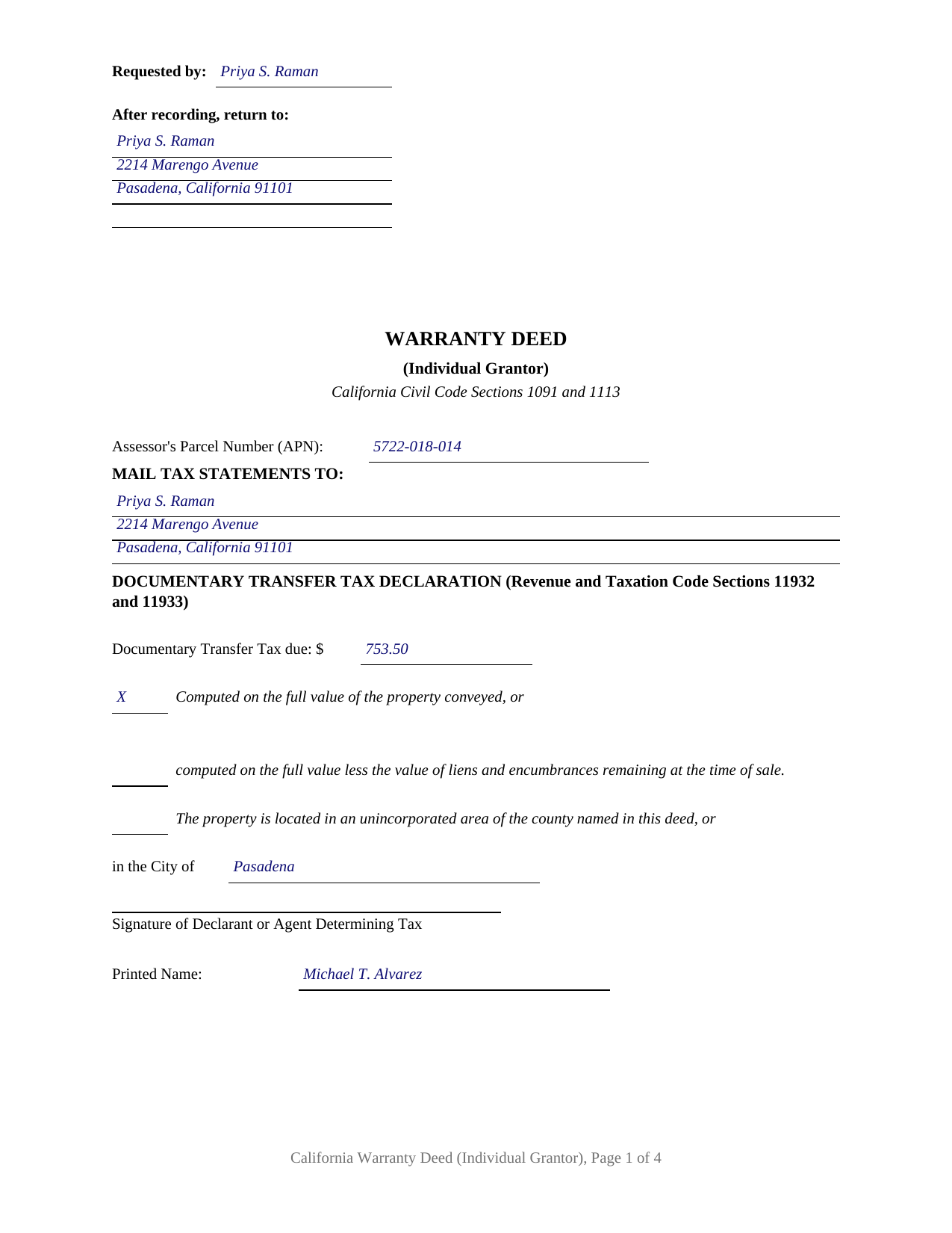 Del Norte County Completed Example of the Warranty Deed (Individual Grantor) Document