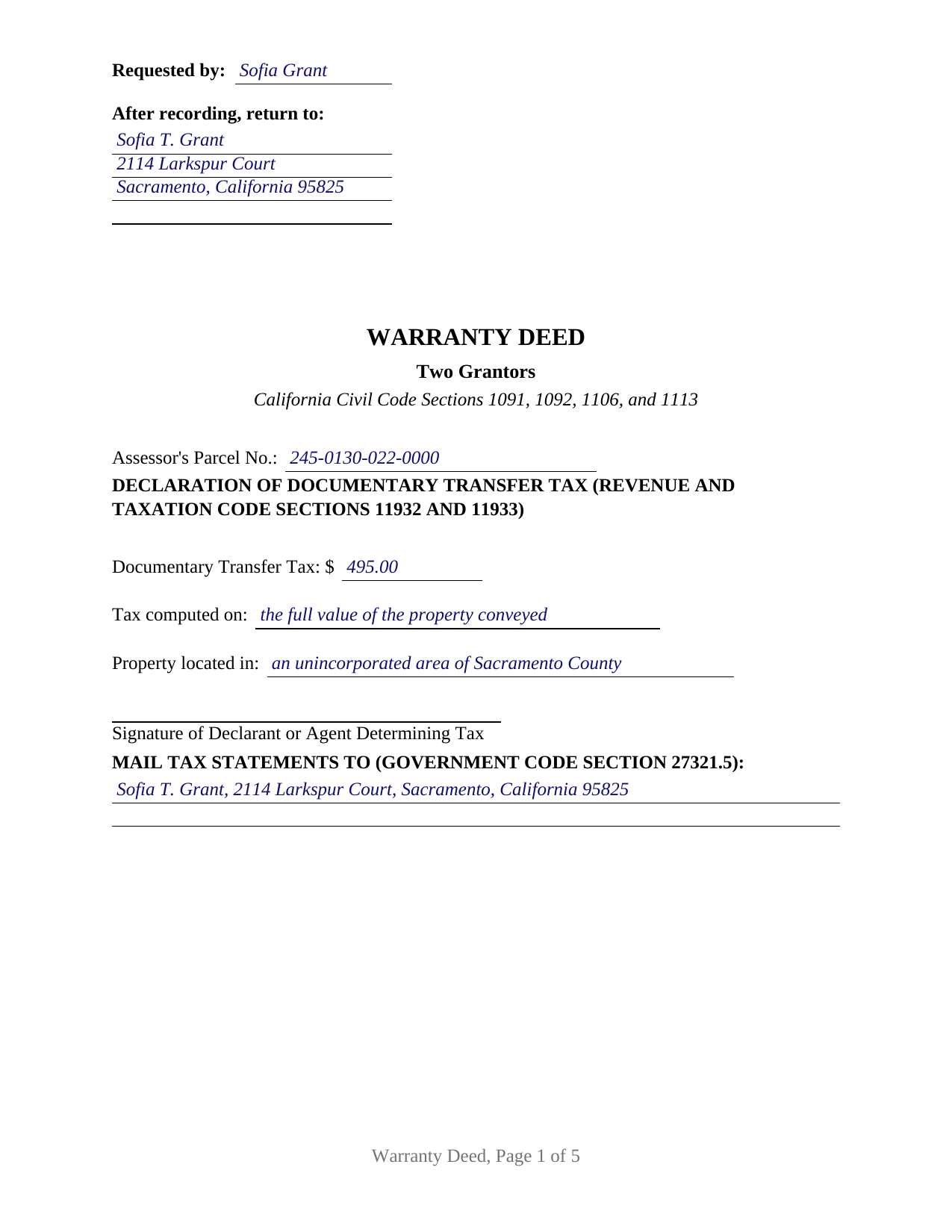 Inyo County Completed Example of the Warranty Deed (Two Grantors) Document