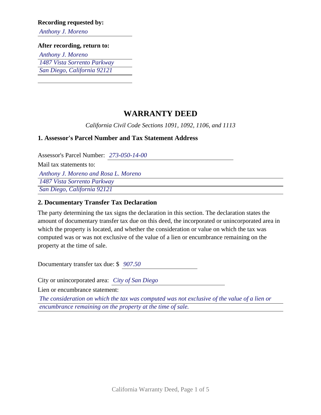Santa Cruz County Completed Example of the Warranty Deed Document