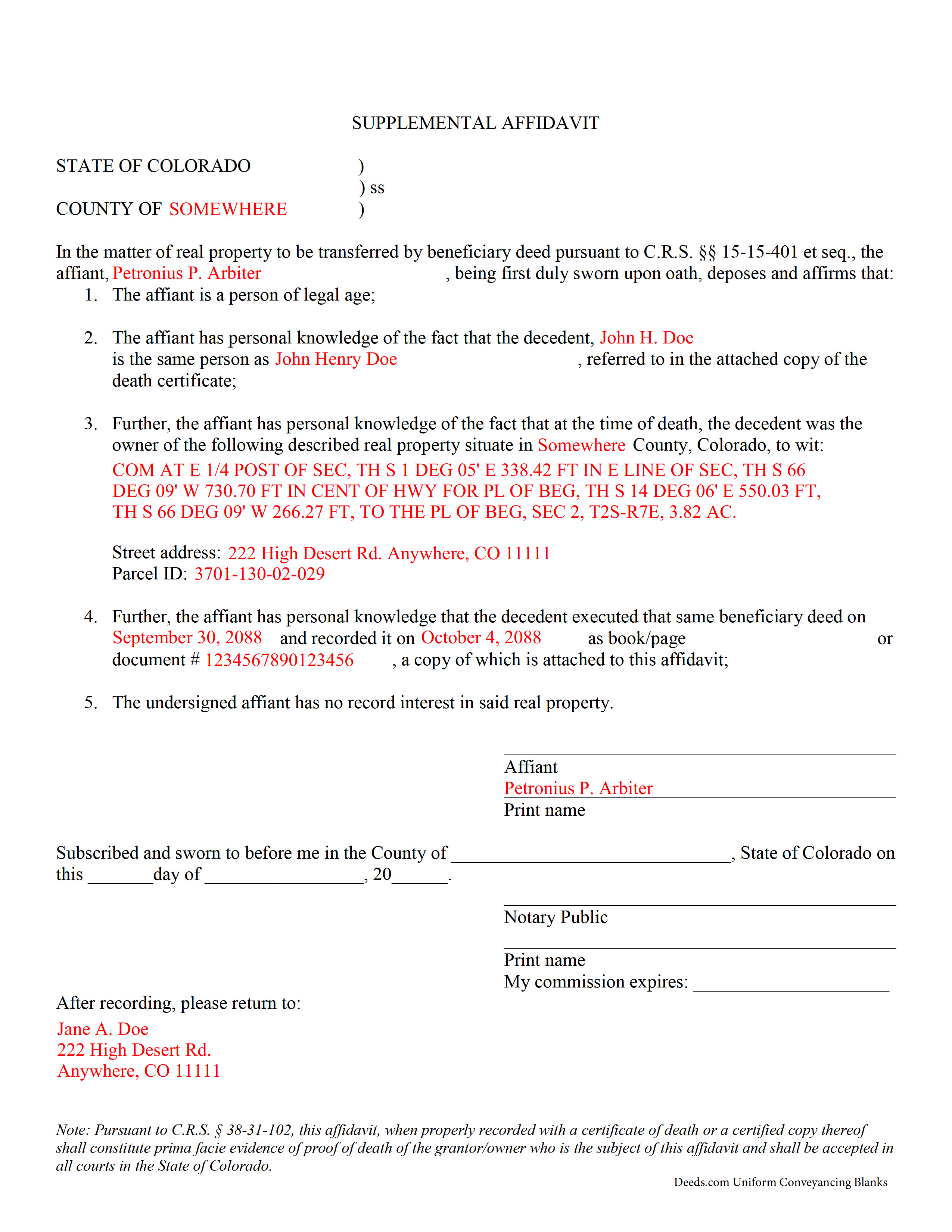 Completed Example of the Affidavit of Deceased Grantor Document