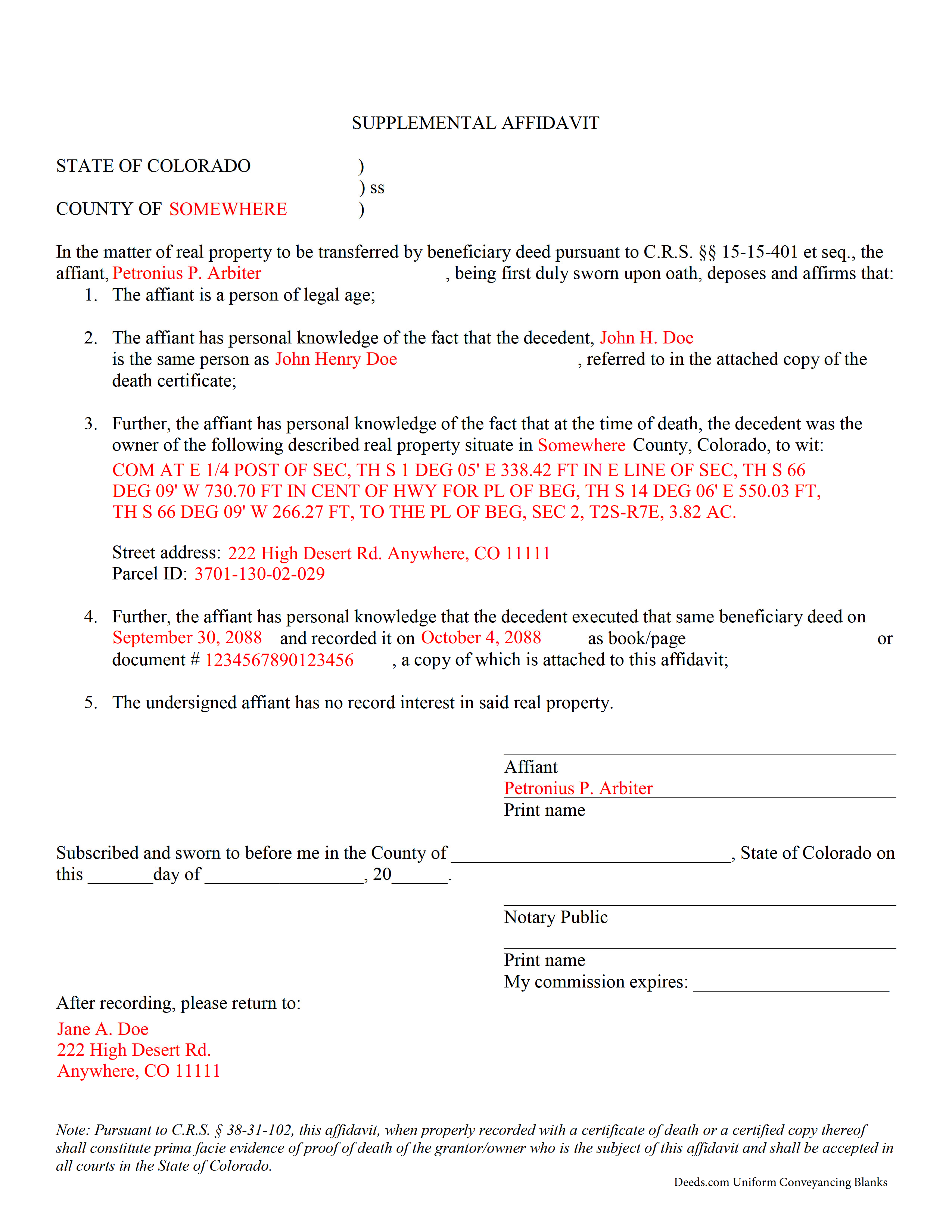 Rio Blanco County Completed Example of the Affidavit of Deceased Grantor Document
