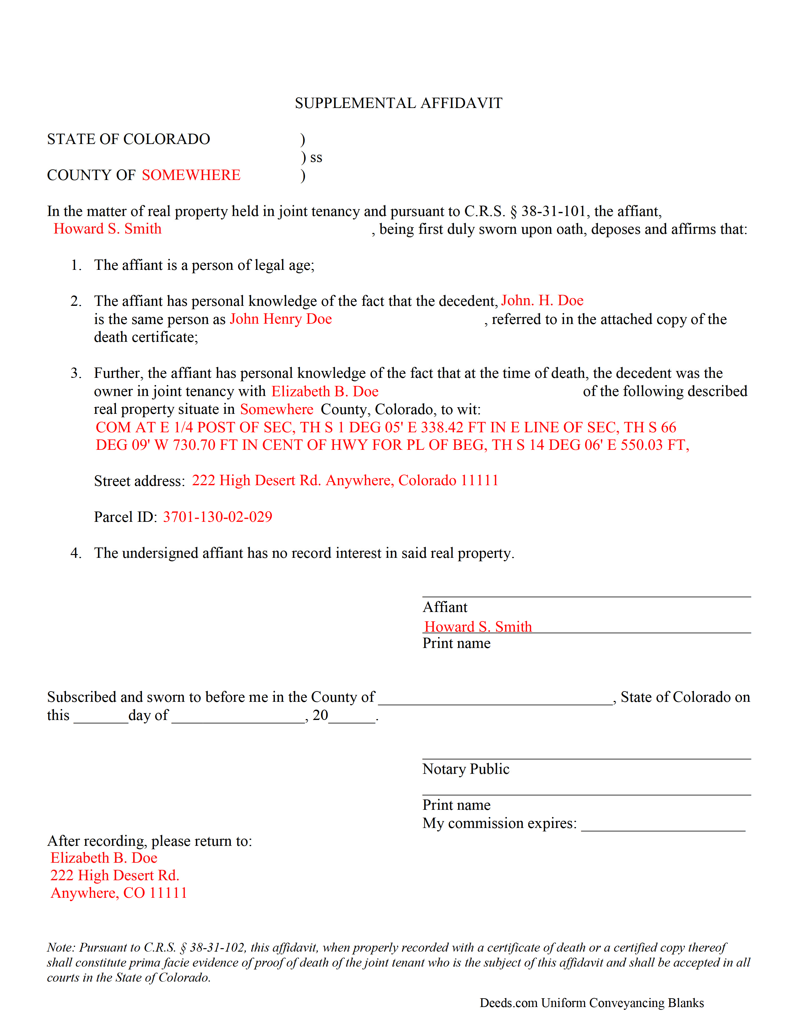 Completed Example of the Affidavit of Deceased Joint Tenant Document