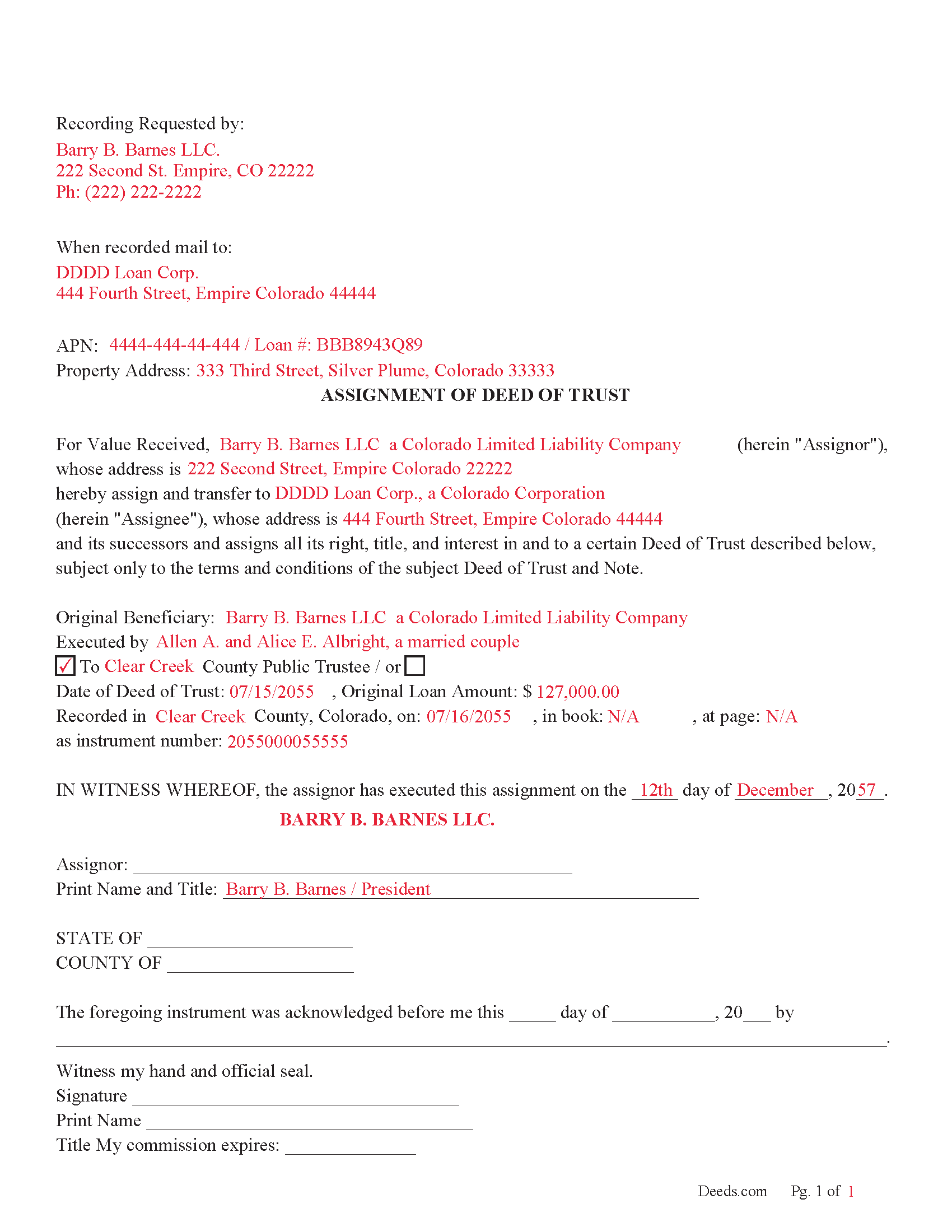 Completed Example of the Assignment of Deed of Trust Document