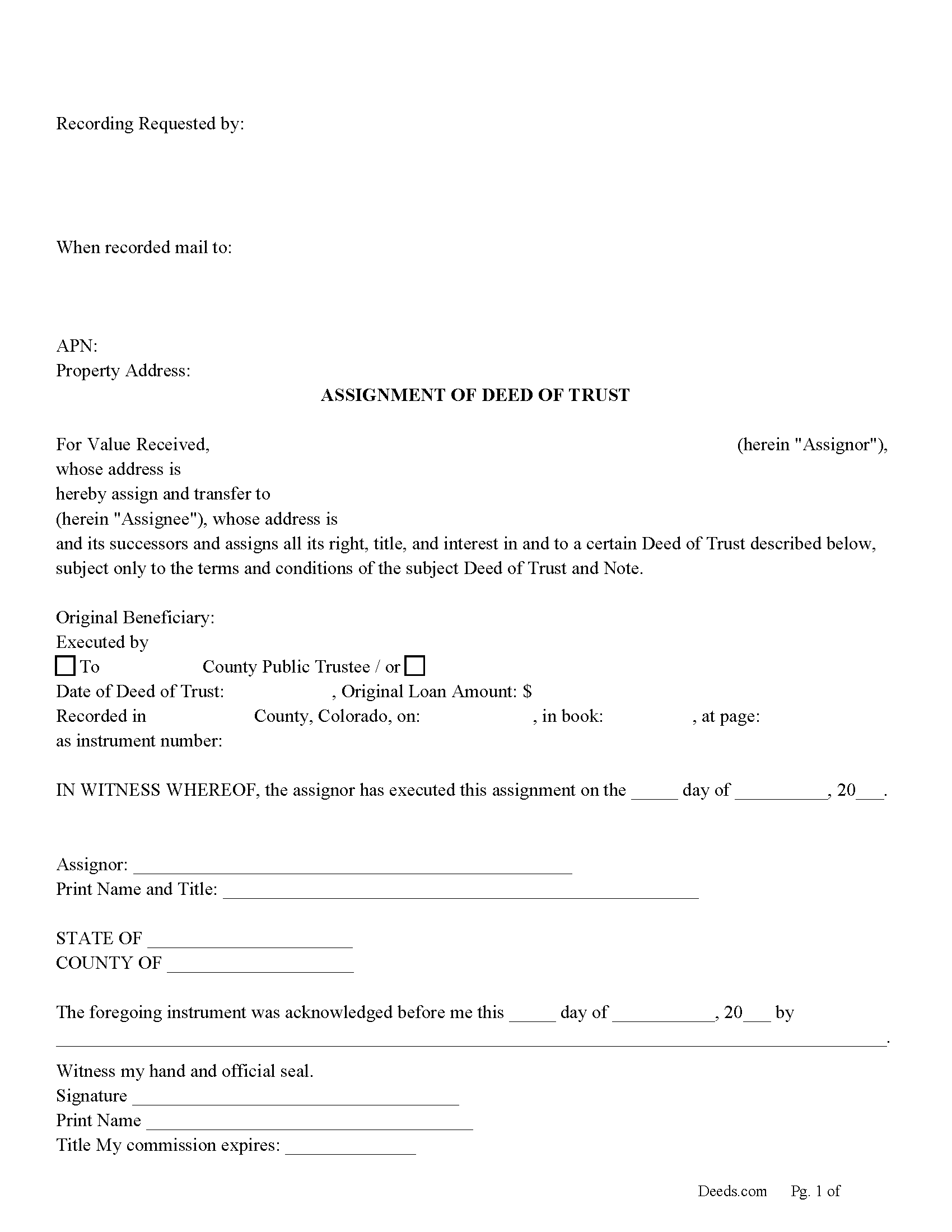 Chaffee County Assignment of Deed of Trust Form