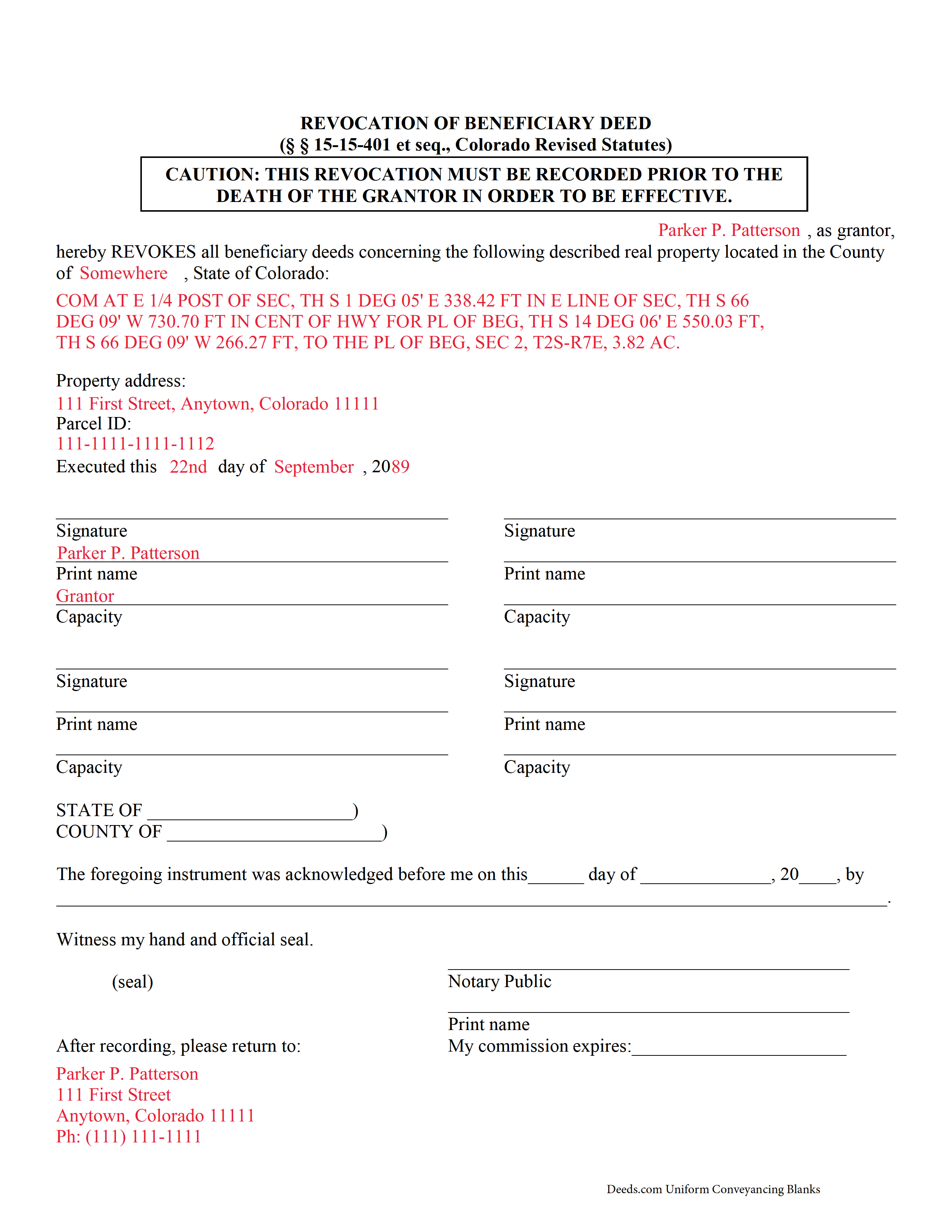 Larimer County Completed Example of the Beneficiary Deed Revocation Document