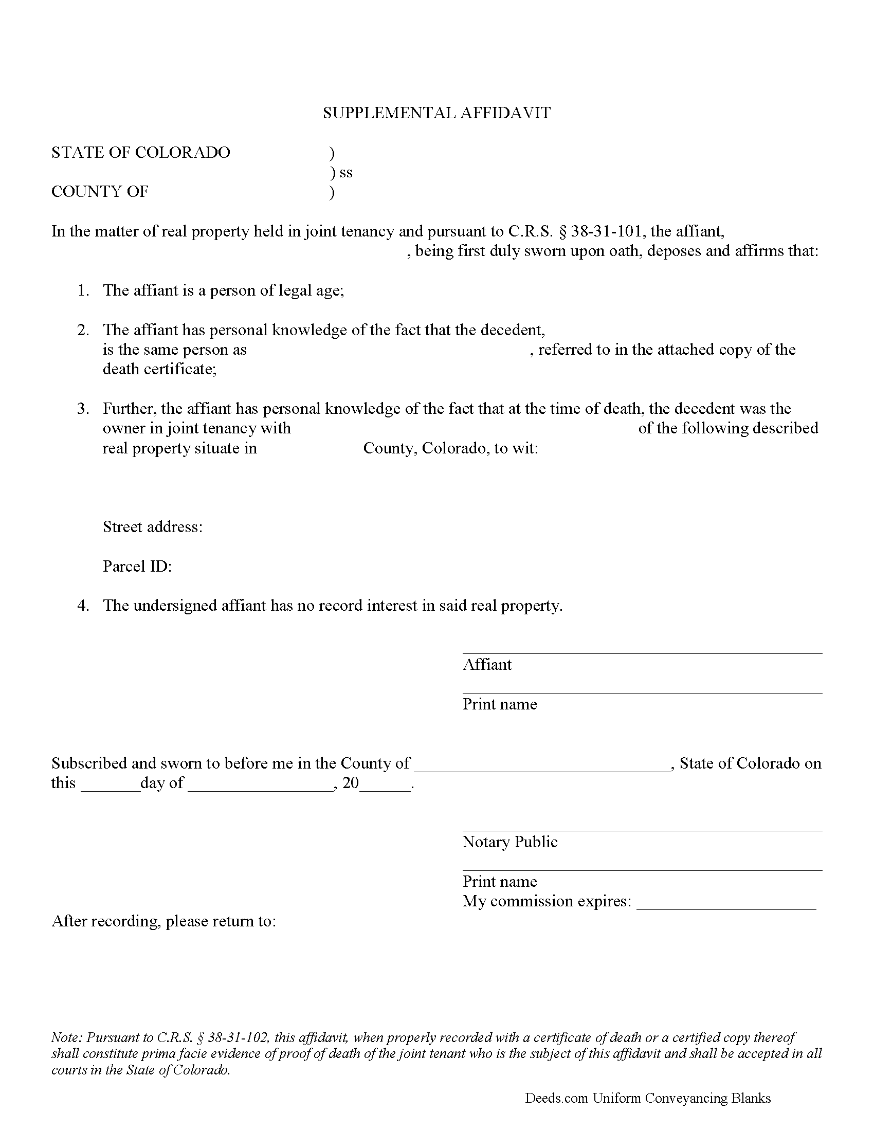Colorado Affidavit of Deceased Joint Tenant Image