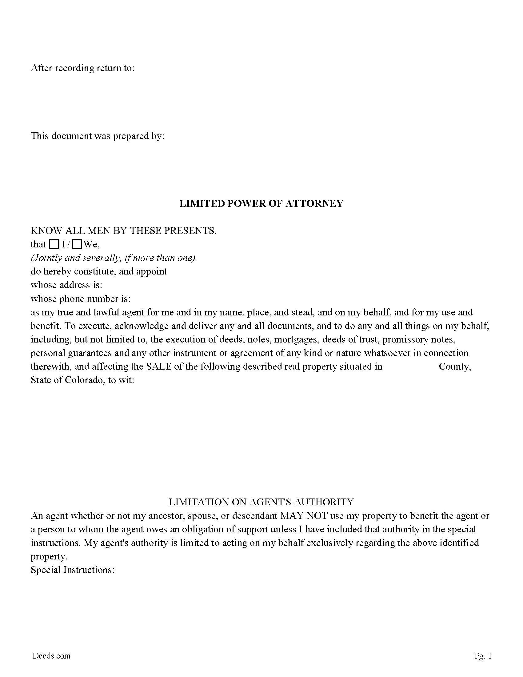 Colorado Limited Power of Attorney for the Sale of Real Property Image
