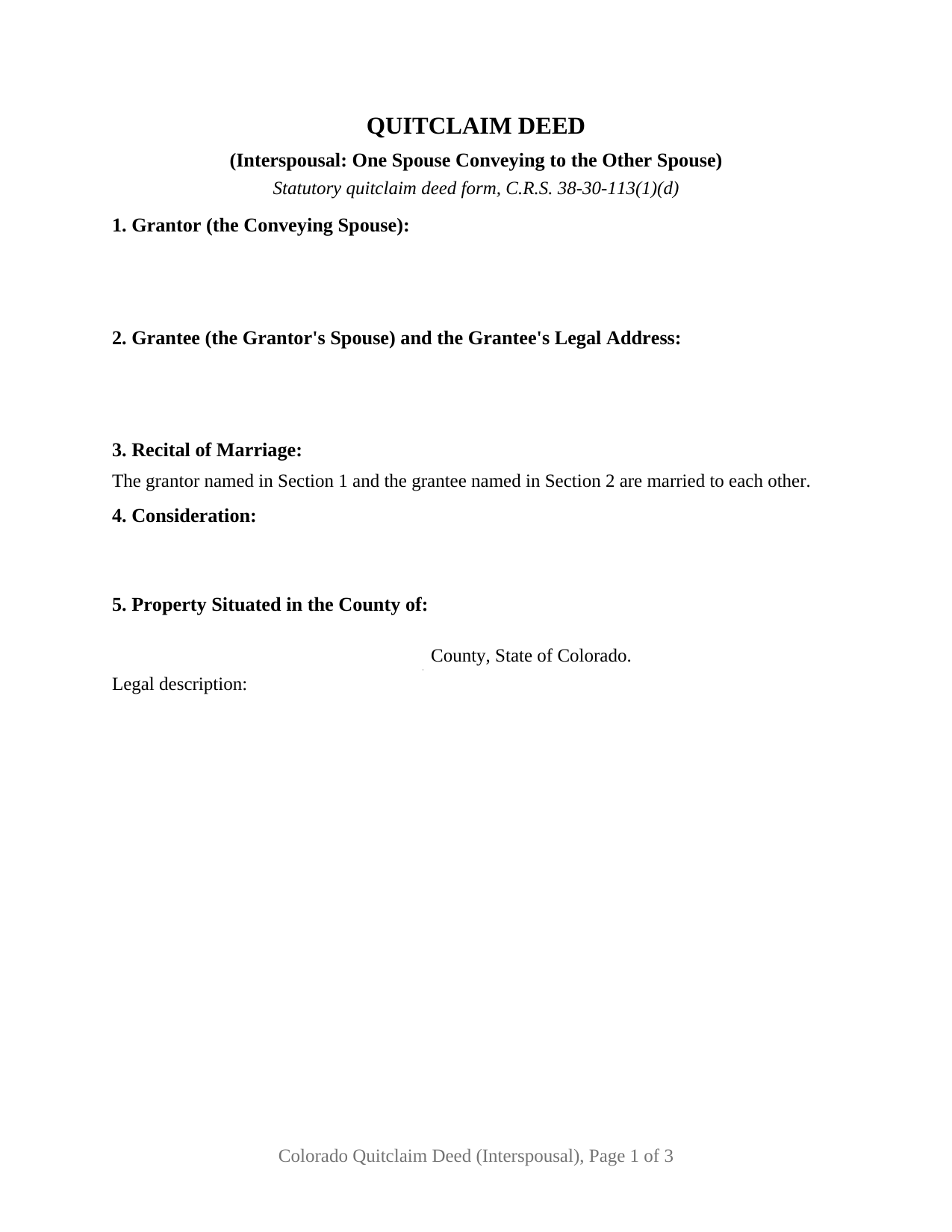 Colorado Quitclaim Deed (Interspousal)