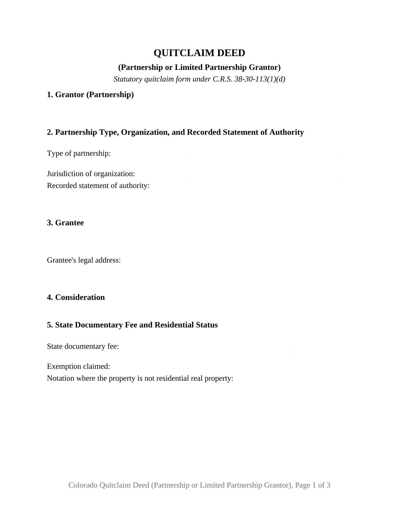 Colorado Quitclaim Deed (Partnership or Limited Partnership Grantor)