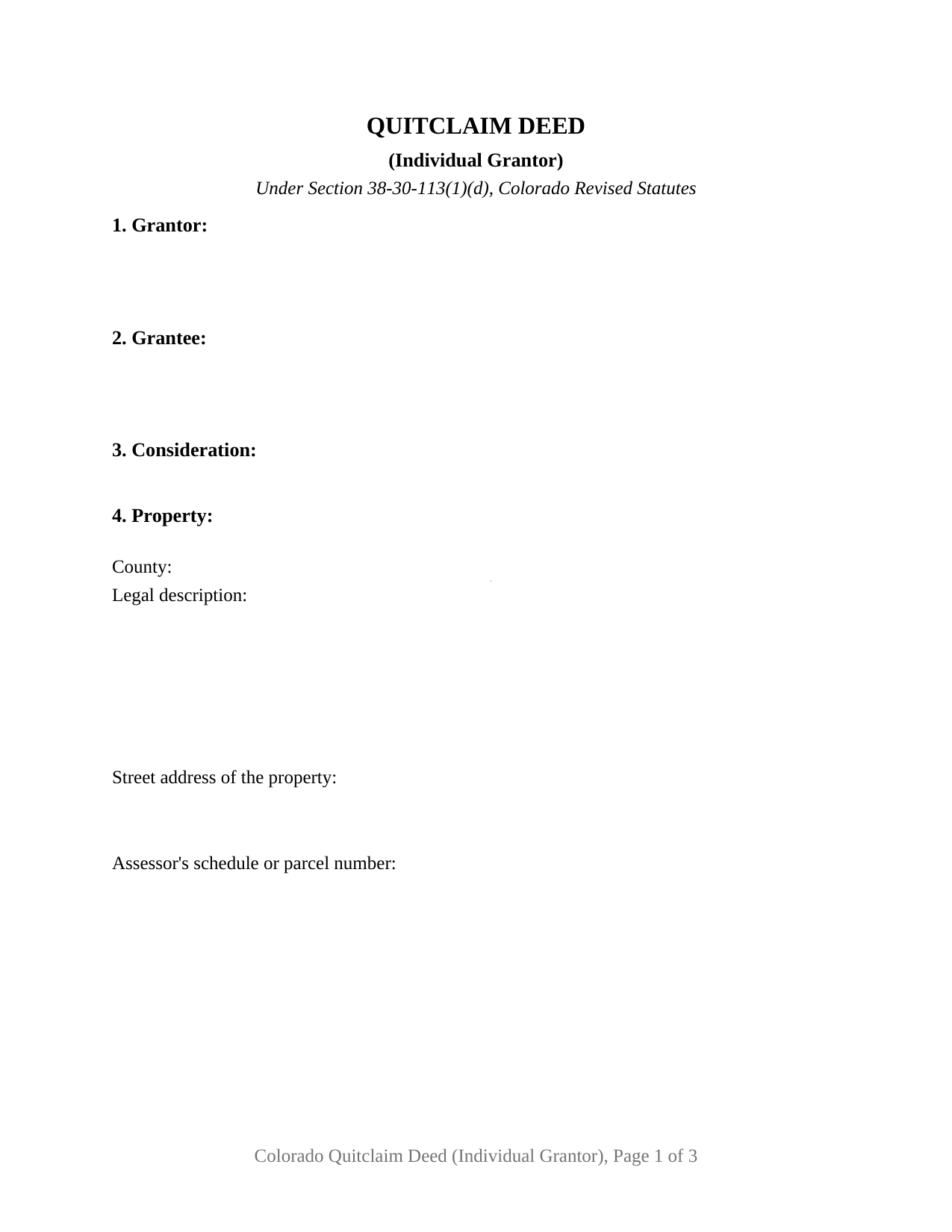 Colorado Quitclaim Deed (Individual Grantor)