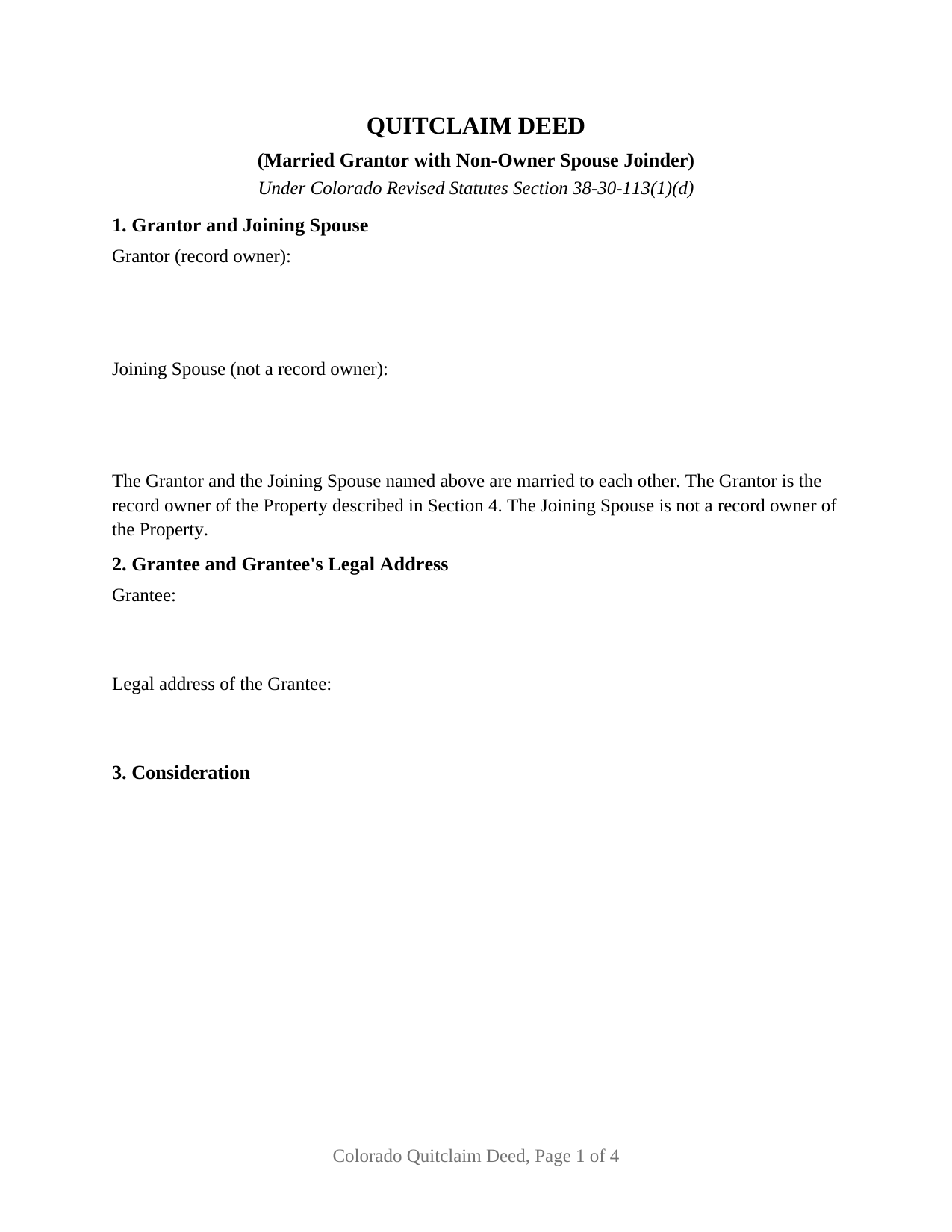 Colorado Quitclaim Deed (Married Grantor with Non-Owner Spouse Joinder)