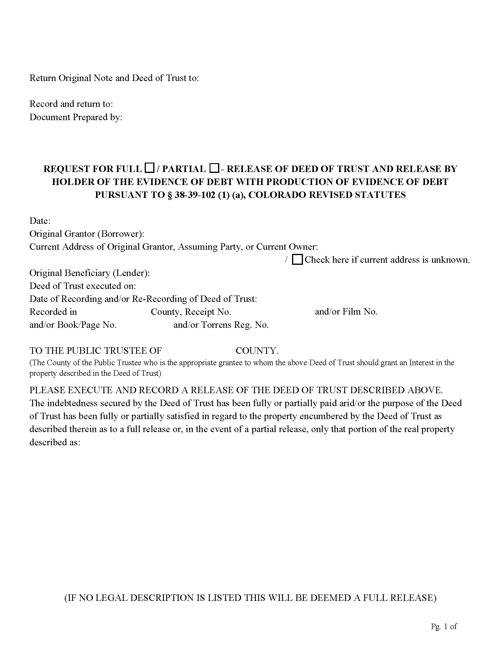 Colorado Release of Deed of Trust WITH Production of Evidence Image