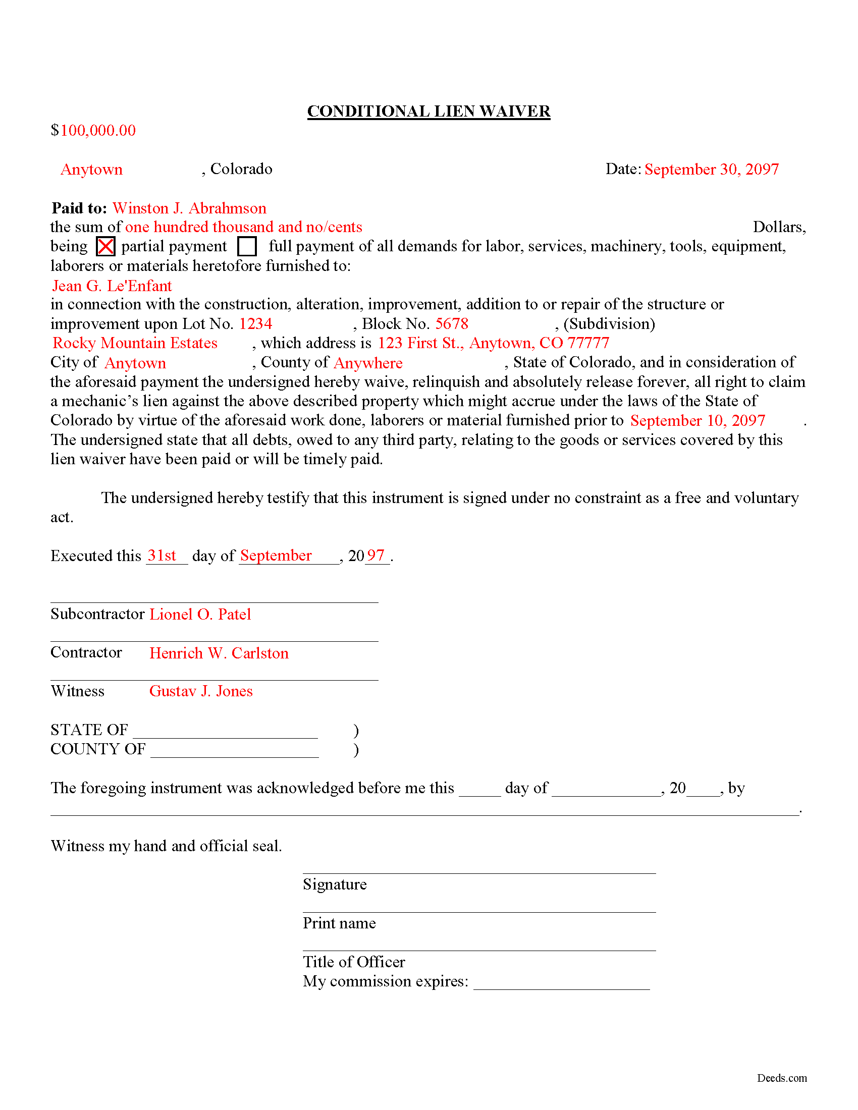 Completed Example of the Conditional Lien Waiver Document