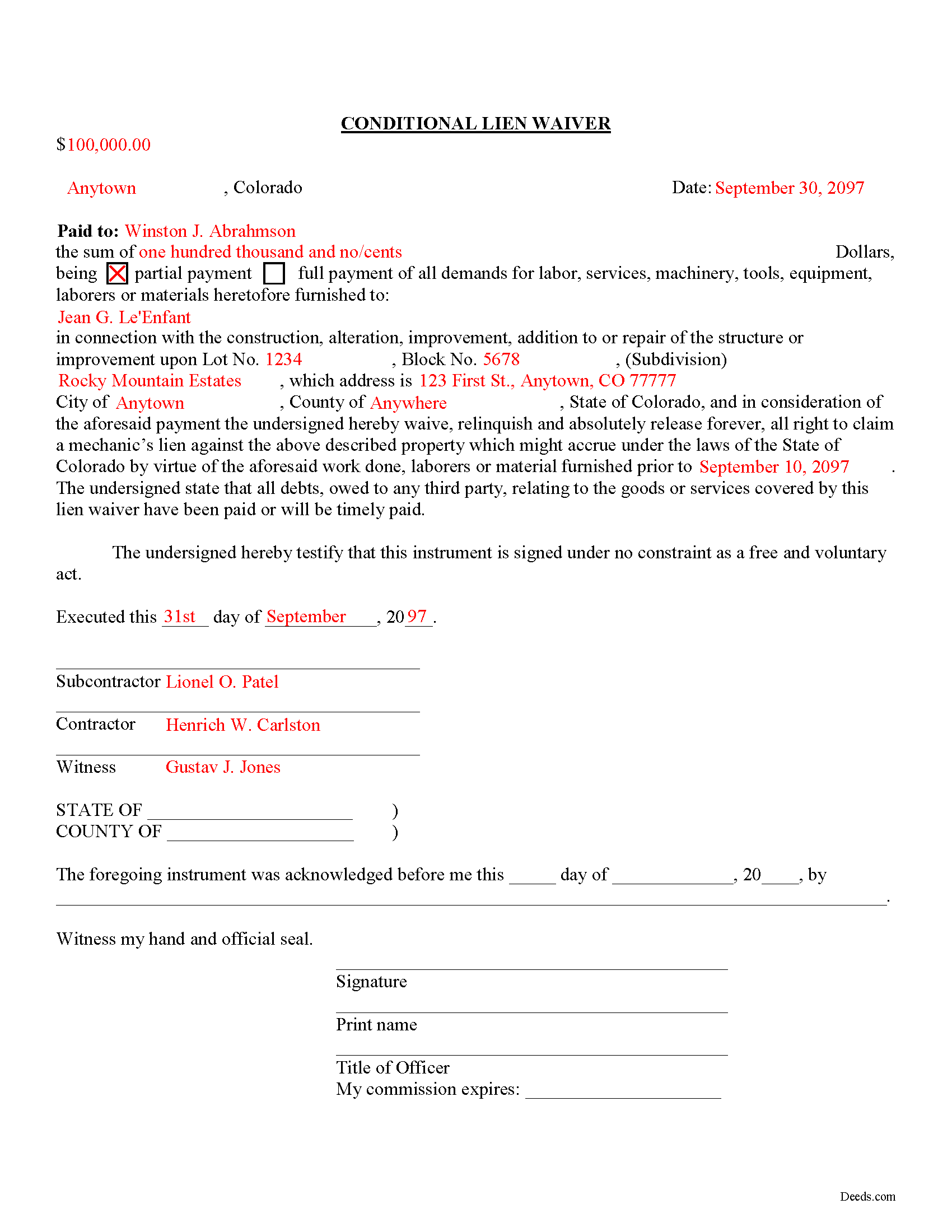 Baca County Completed Example of the Conditional Lien Waiver Document