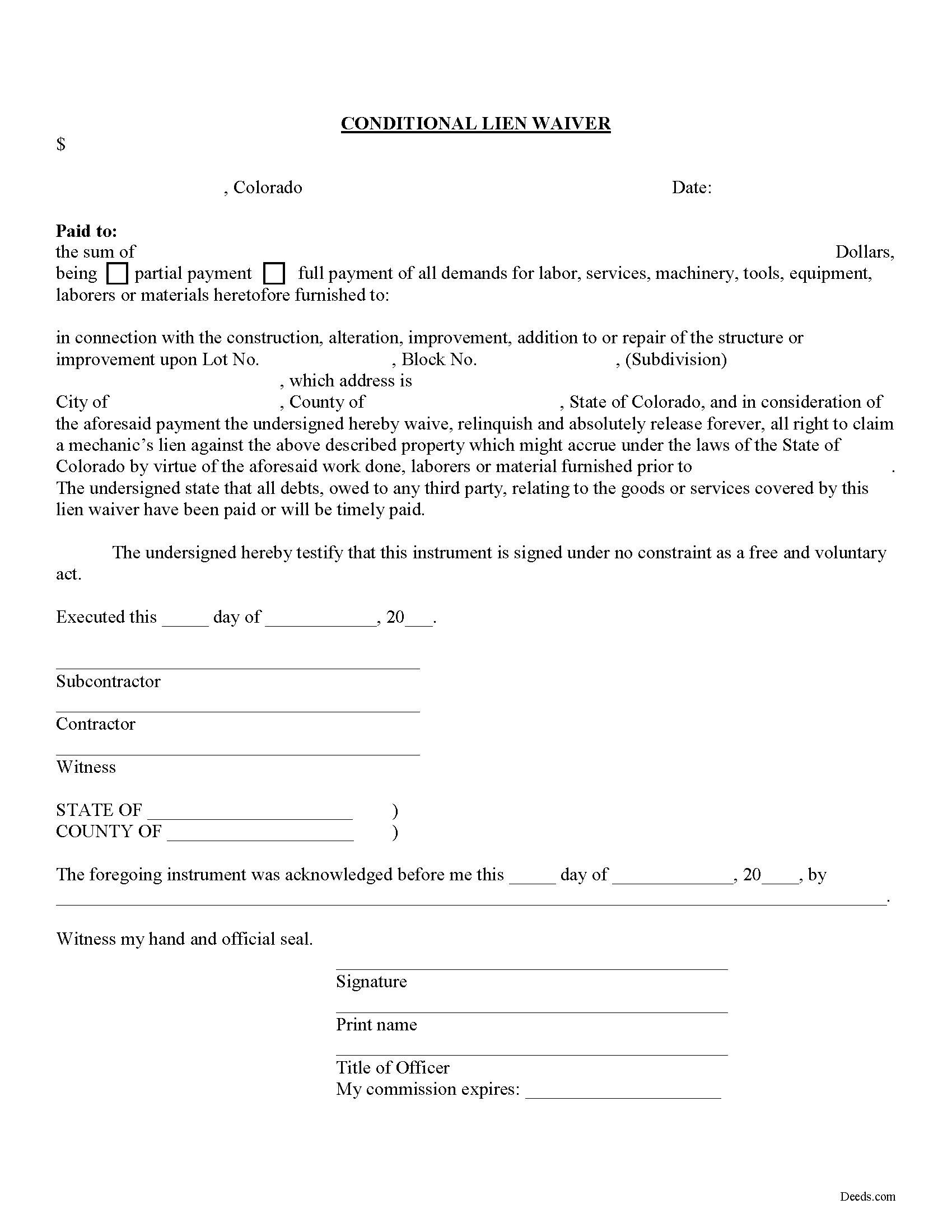 Baca County Conditional Lien Waiver Form