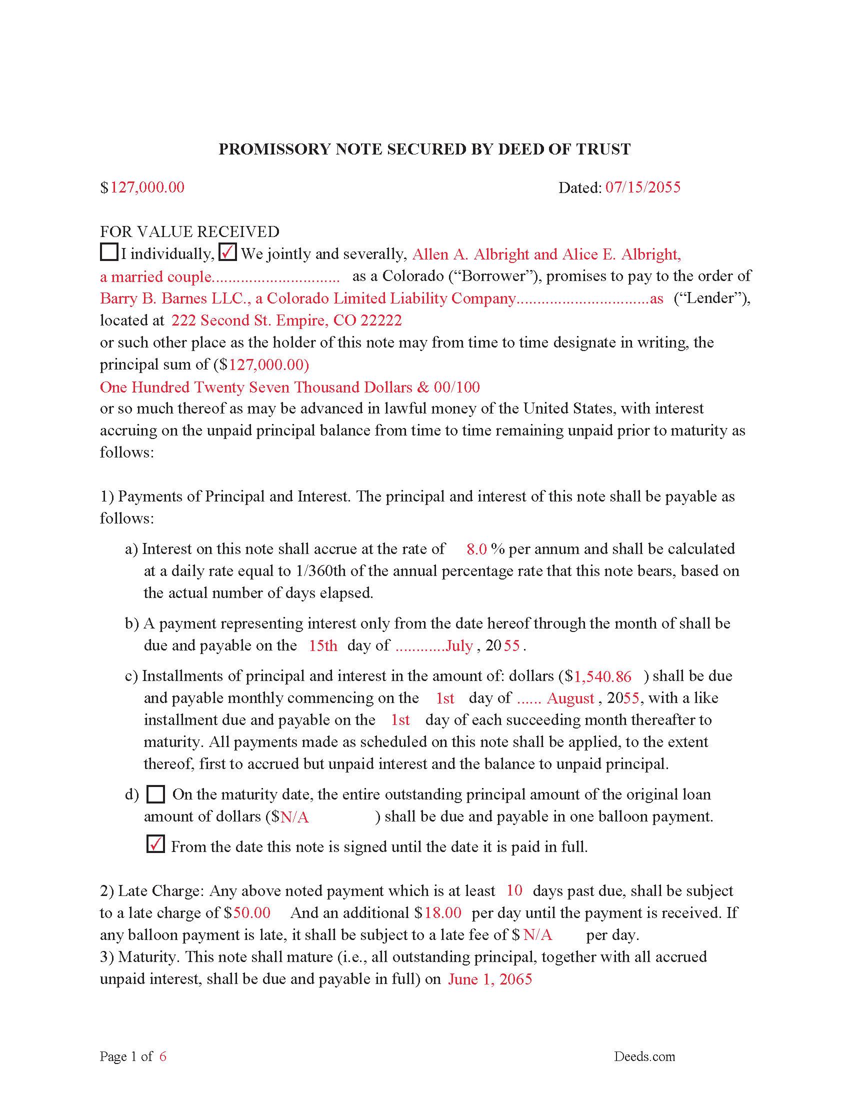 Crowley County Completed Example of the Promissory Note Document