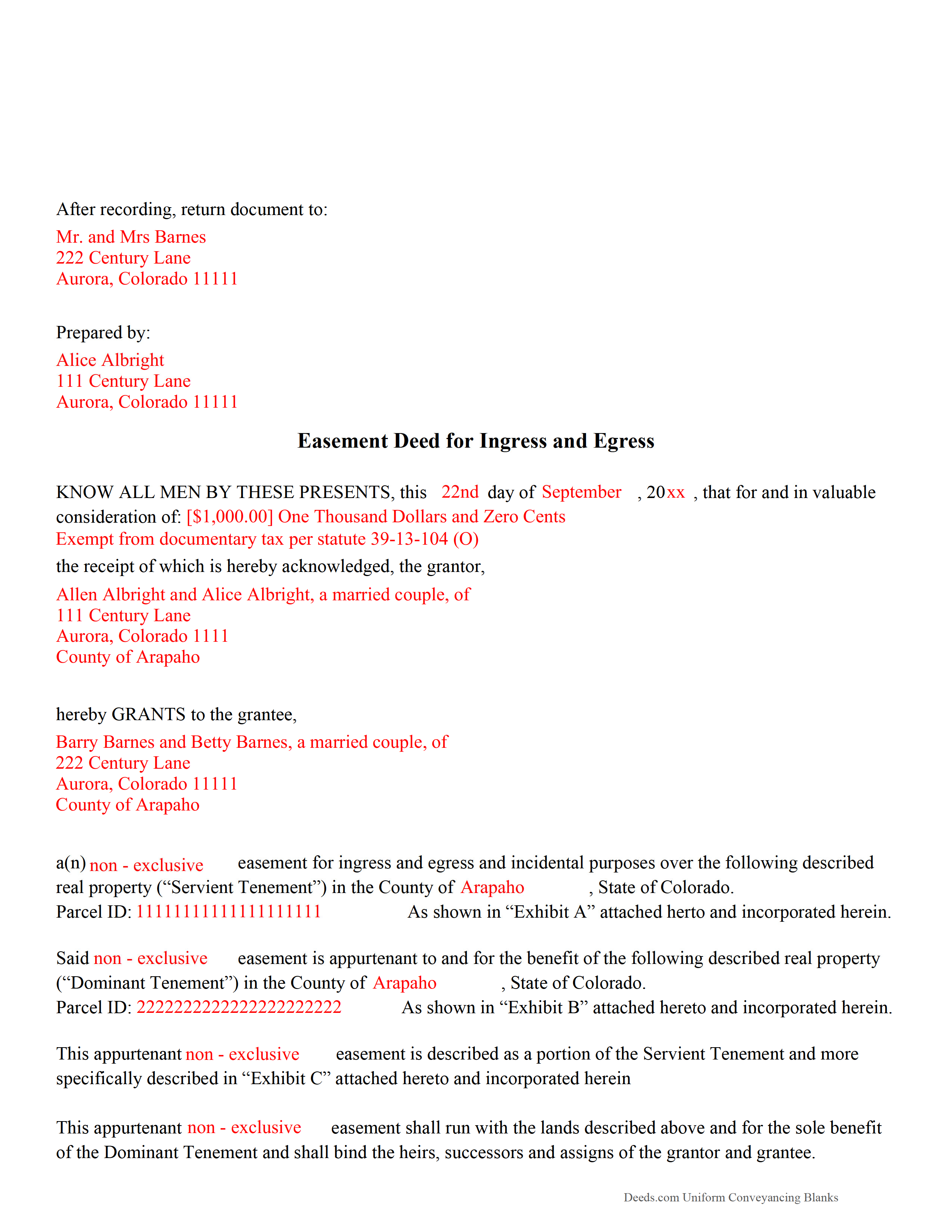 Completed Example of the Easement Deed Document