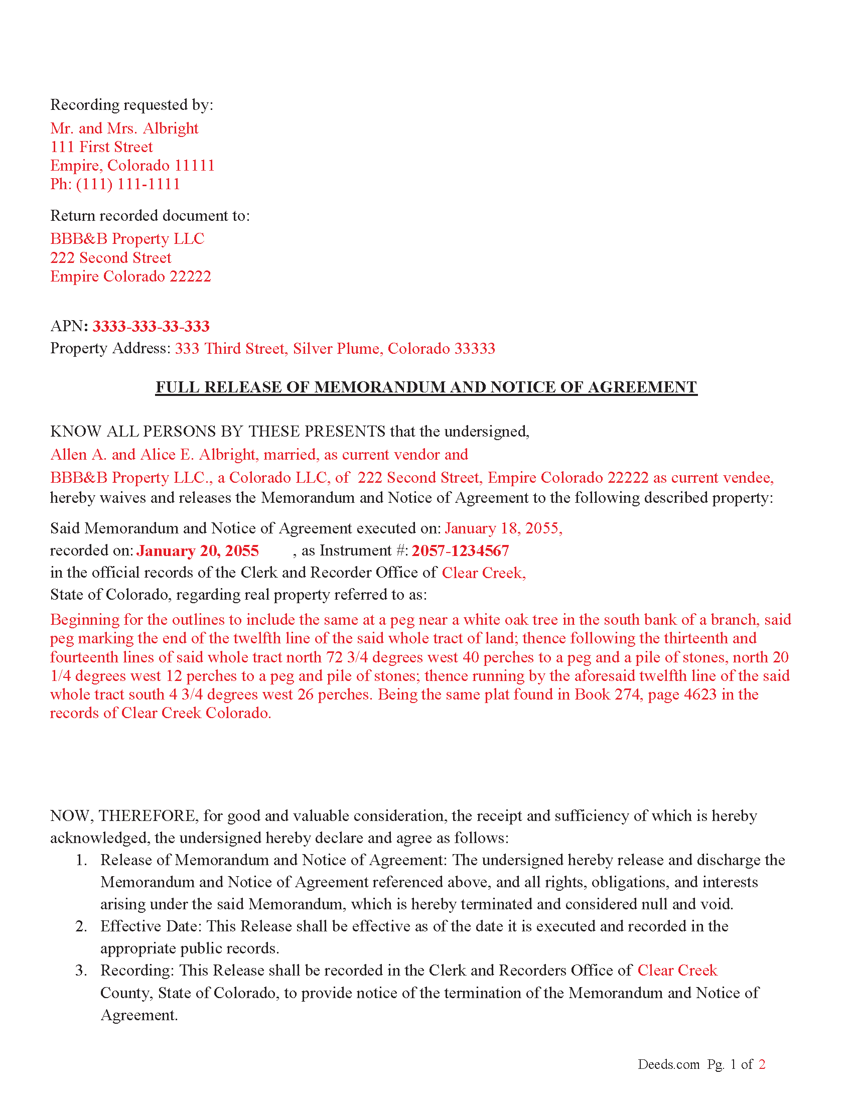 Larimer County Completed Example of the Full Release of Memorandum and Notice of Agreement Document