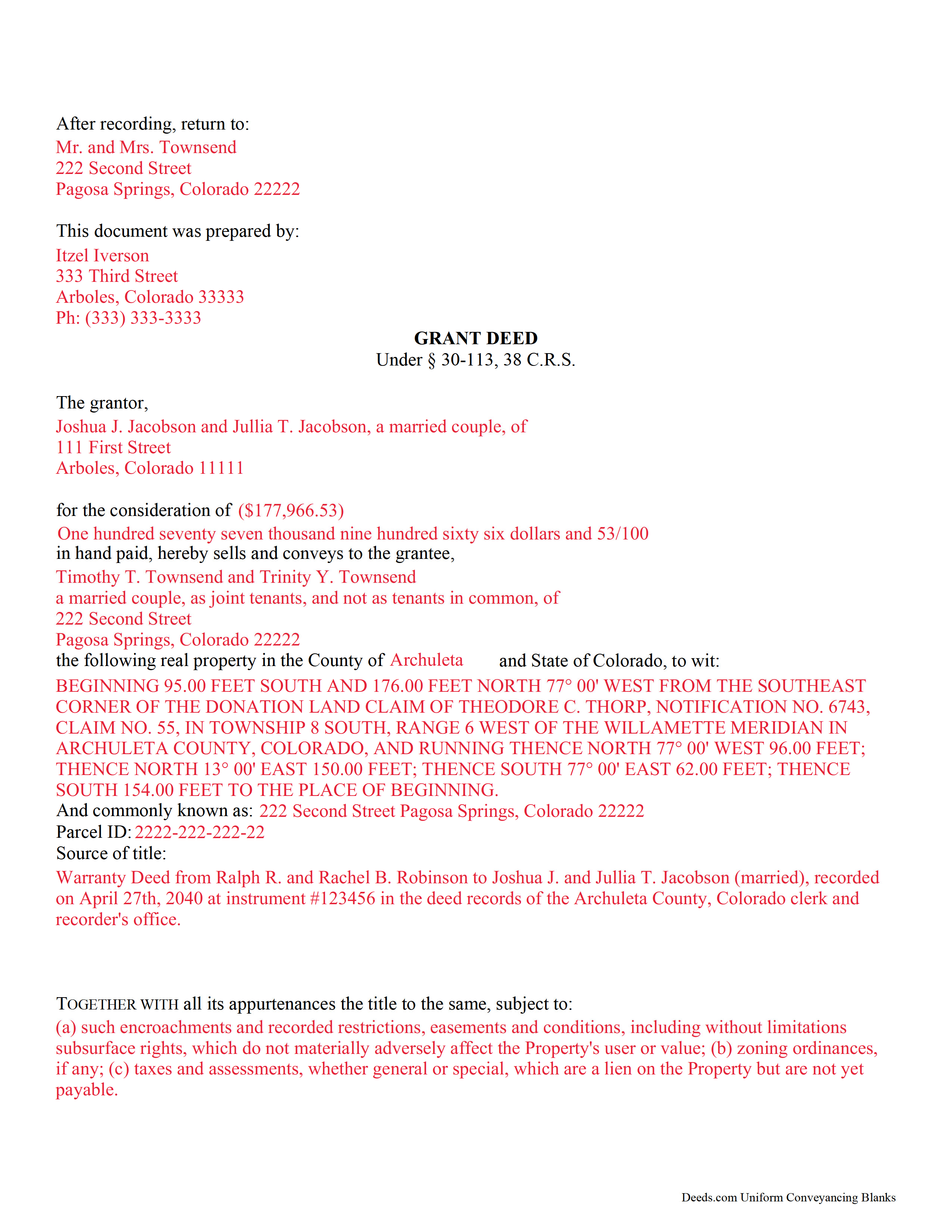 Larimer County Completed Example of the Grant Deed Document