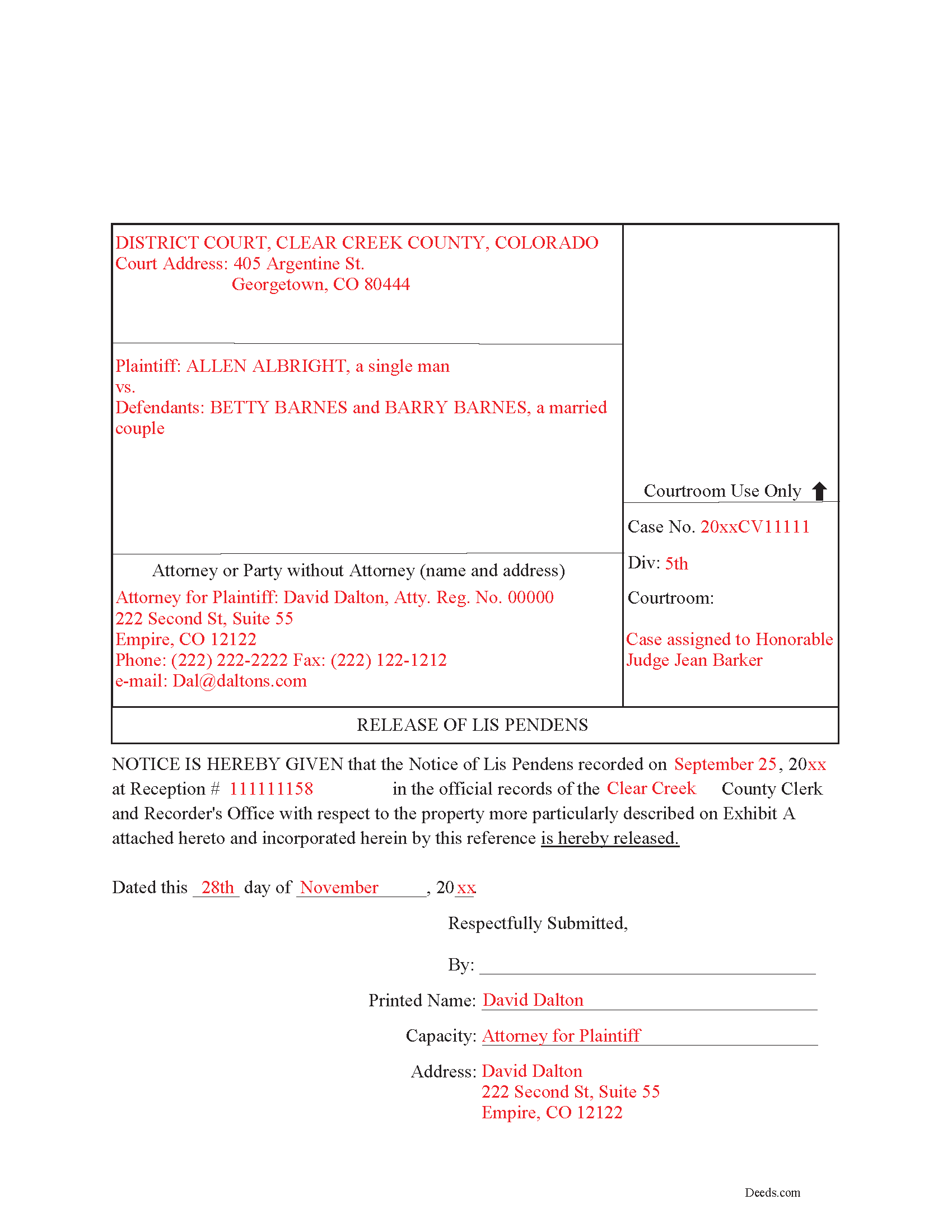 Larimer County Completed Example of the Lis Pendens Release Document