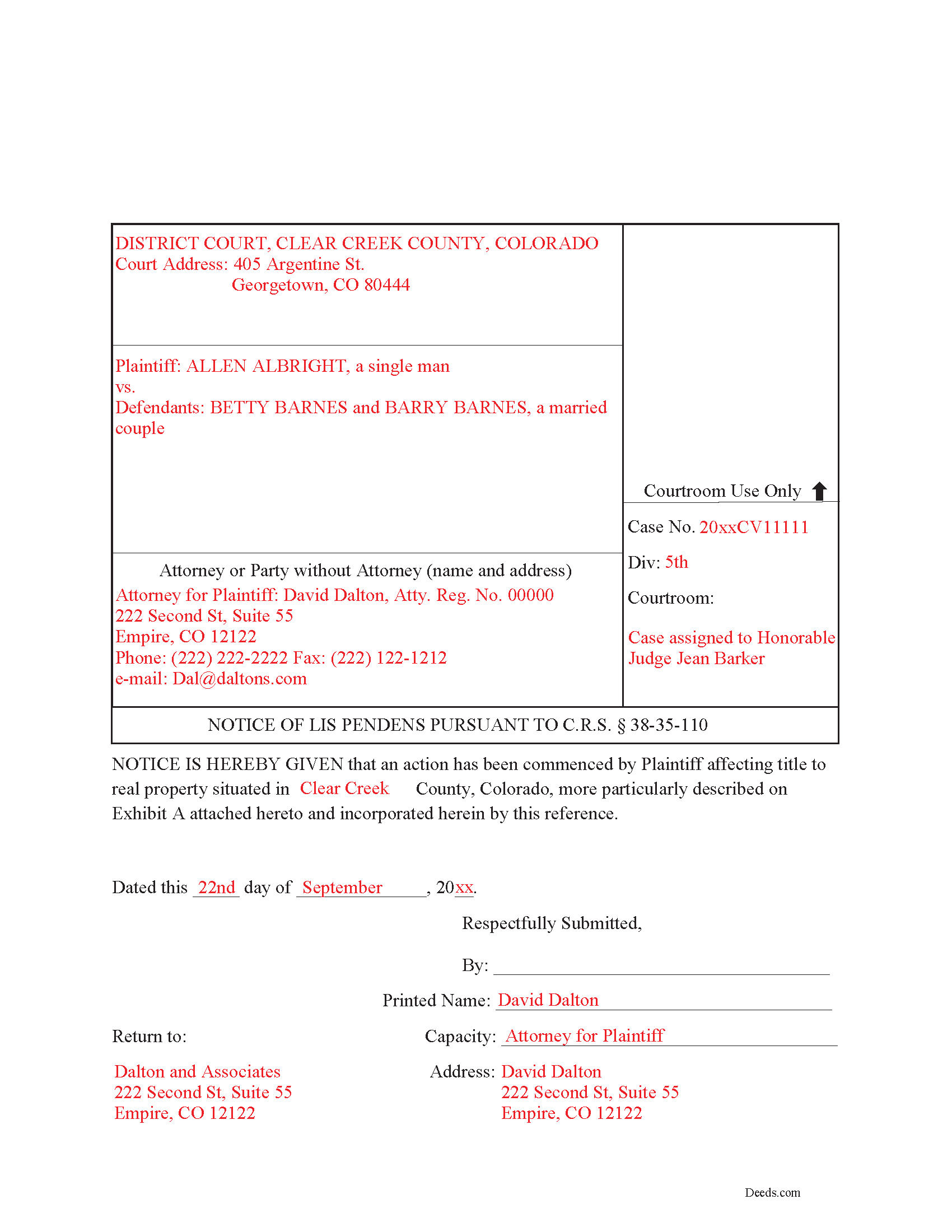 Larimer County Completed Example of the Lis Pendens Document