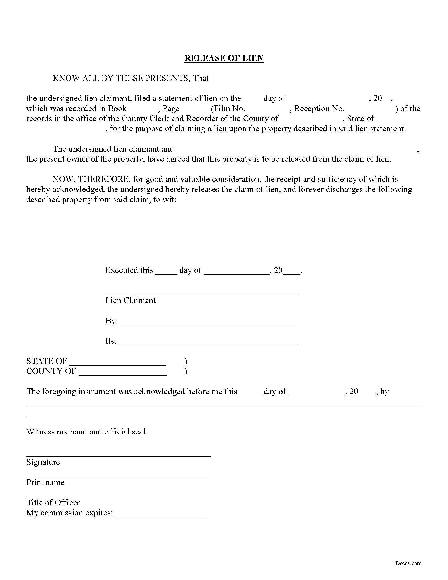 Sedgwick County Mechanics Lien Release Form
