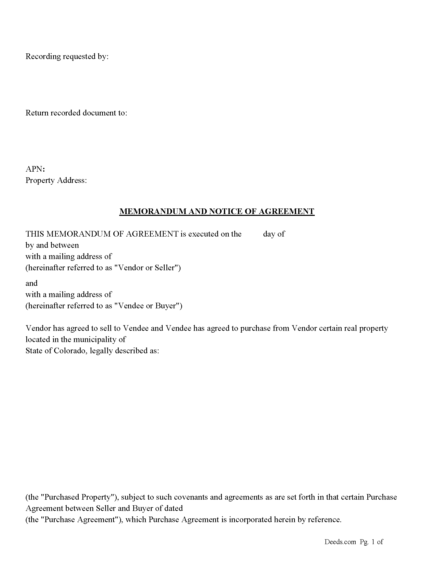 Larimer County Memorandum and Notice of Agreement Form