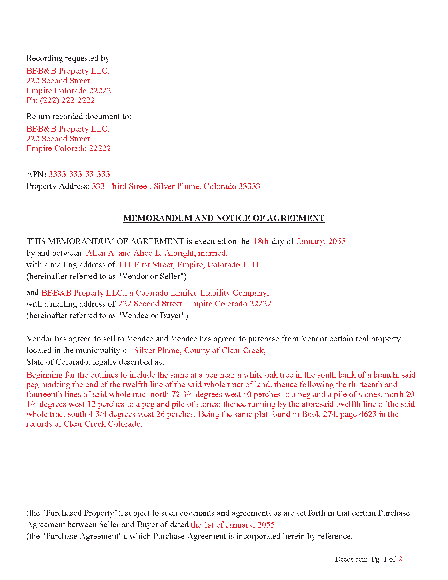 Larimer County Completed Example of the Memorandum and Notice of Agreement Document