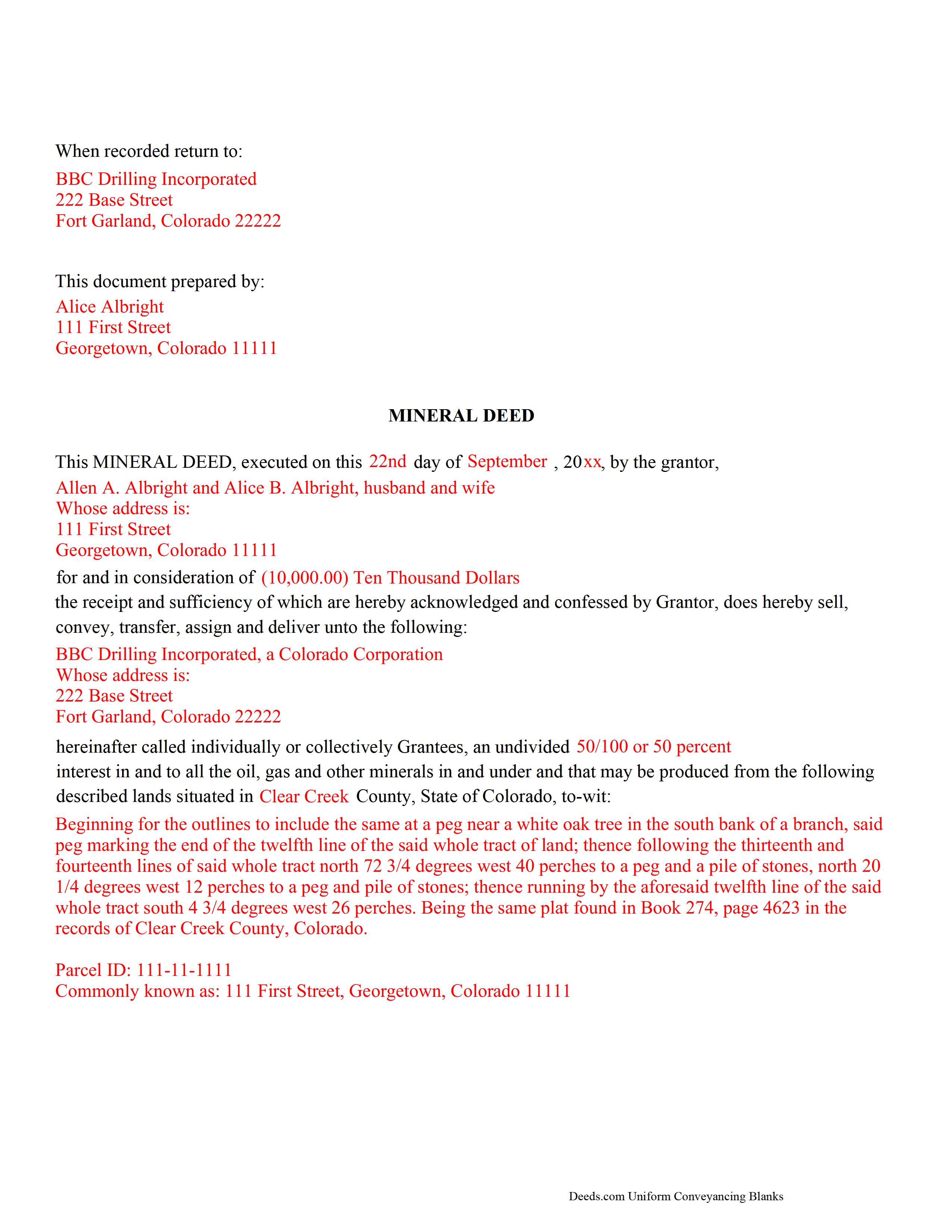 Jackson County Completed Example of a Mineral Deed Document