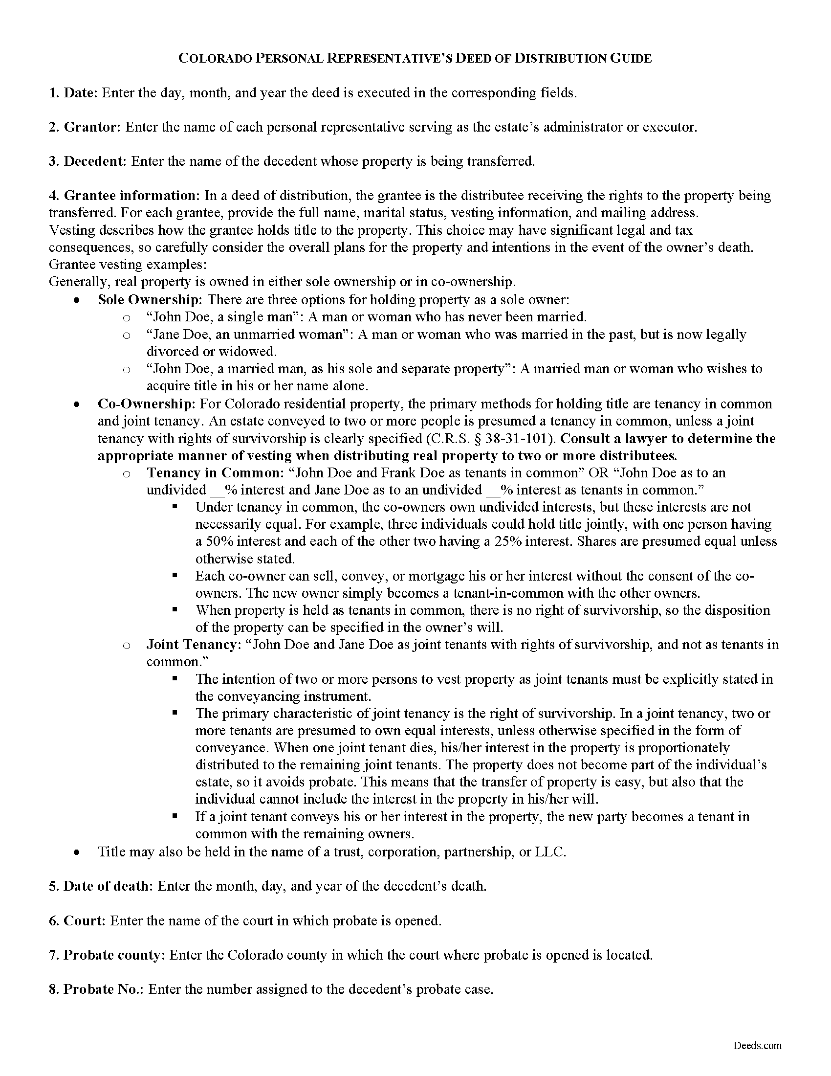 Larimer County Personal Representative Deed of Distribution Guide