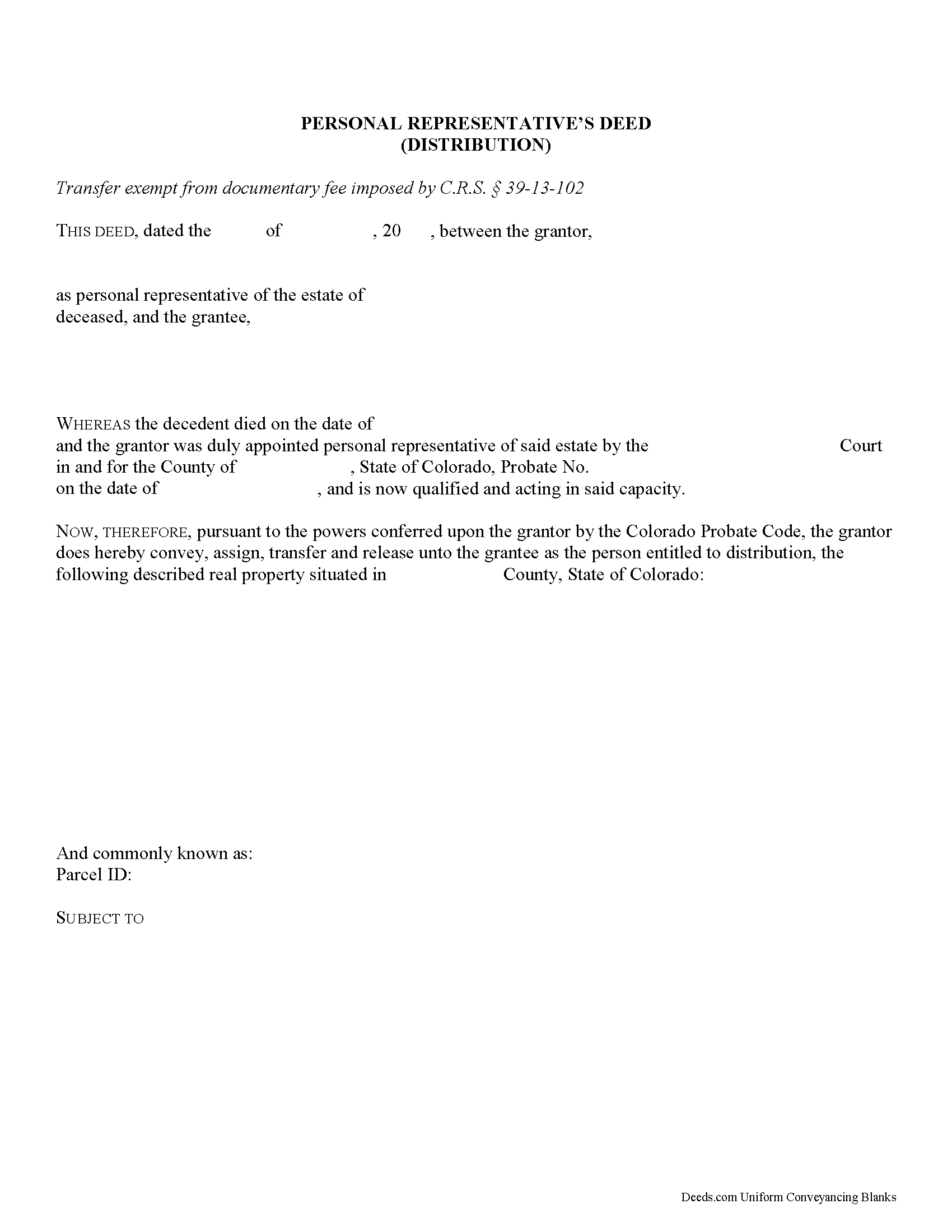 Larimer County Personal Representative Deed of Distribution Form