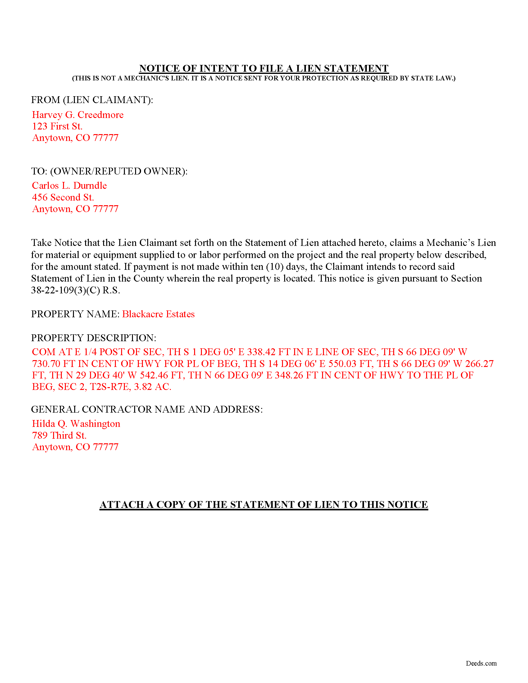 Completed Example of the Preliminary Notice of Mechanics Lien Document