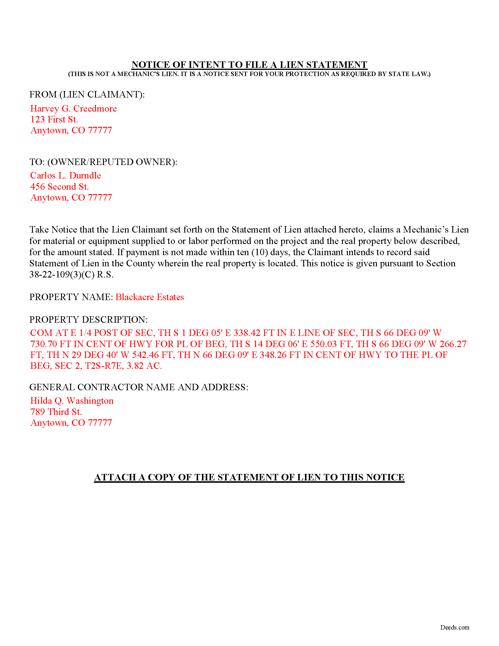 Larimer County Completed Example of the Preliminary Notice of Mechanics Lien Document