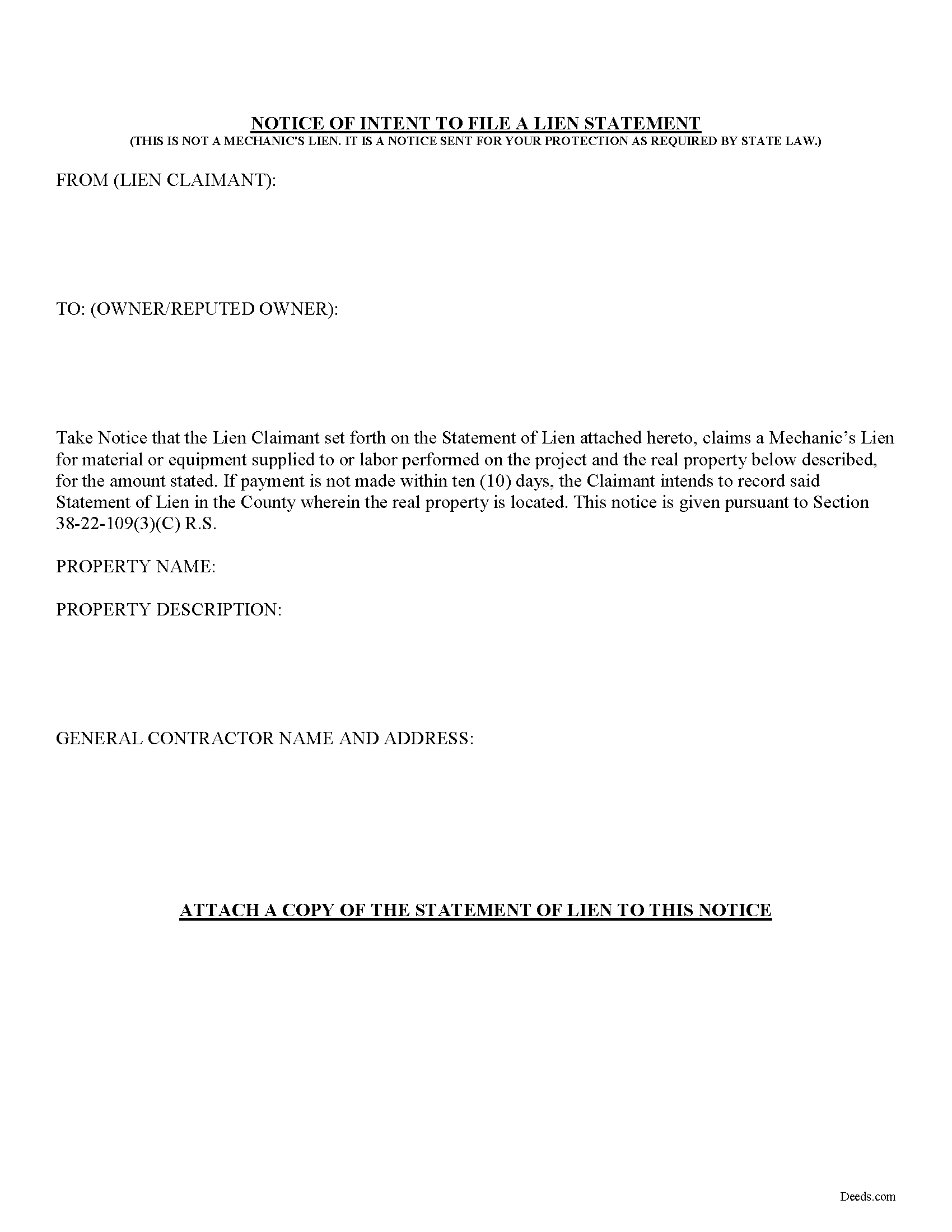 Larimer County Preliminary Notice of Mechanics Lien Form